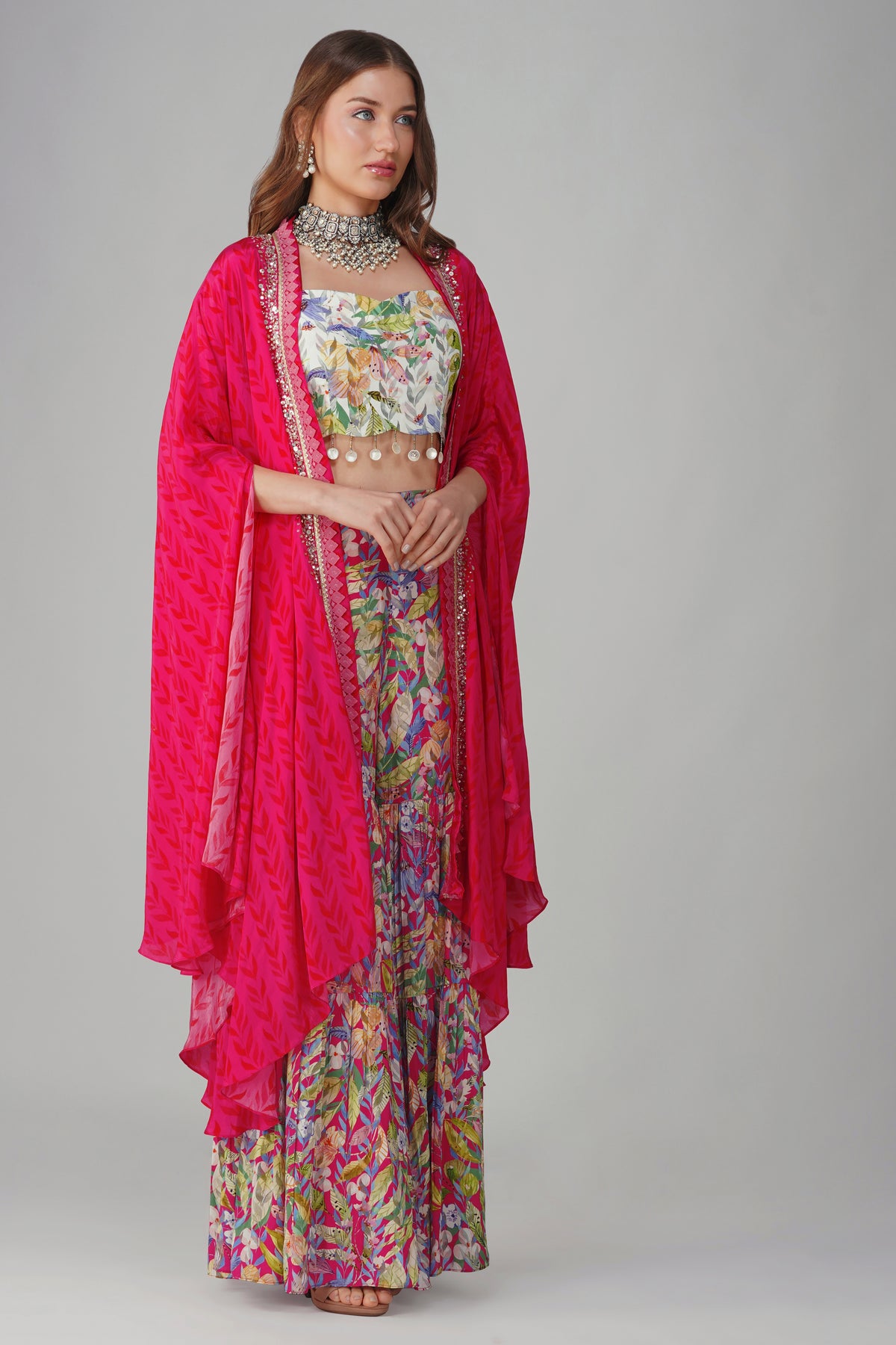 Multi Leaf Print Cape Set