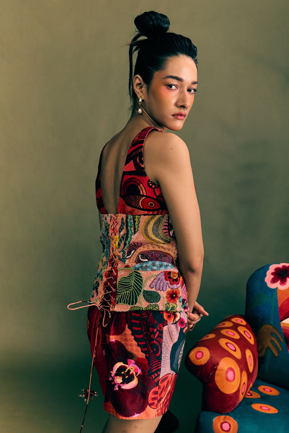 Vase Face  Printed  Assemetrical Top