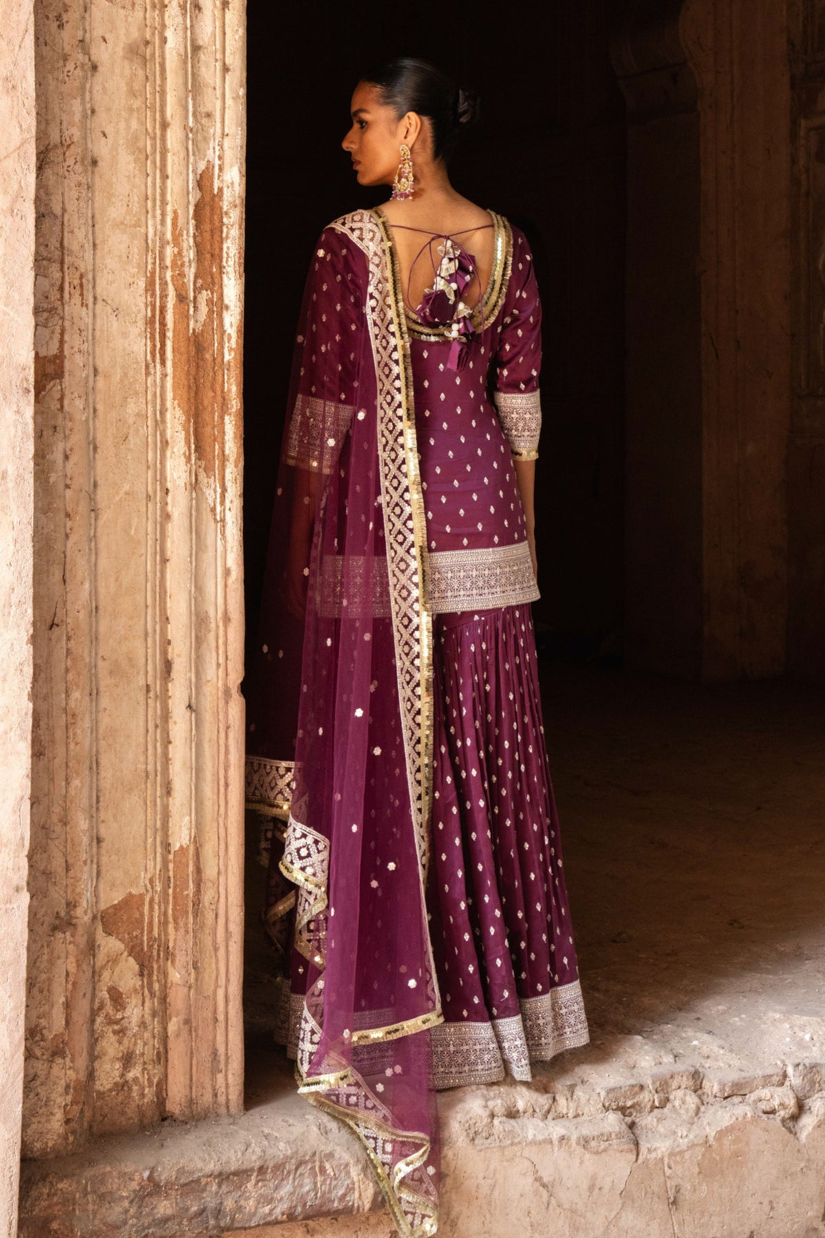 Wine Embroidered Sharara Set