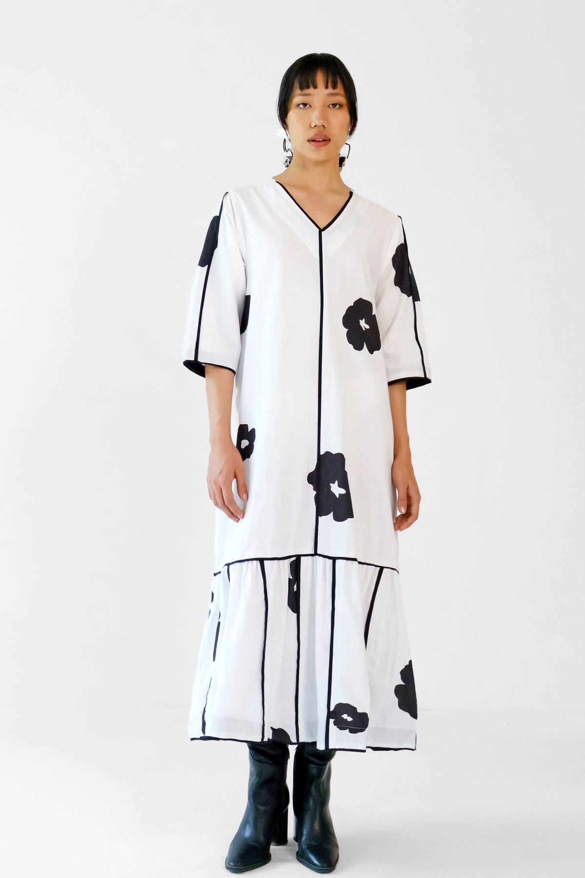White Black Poppy Applique Dress