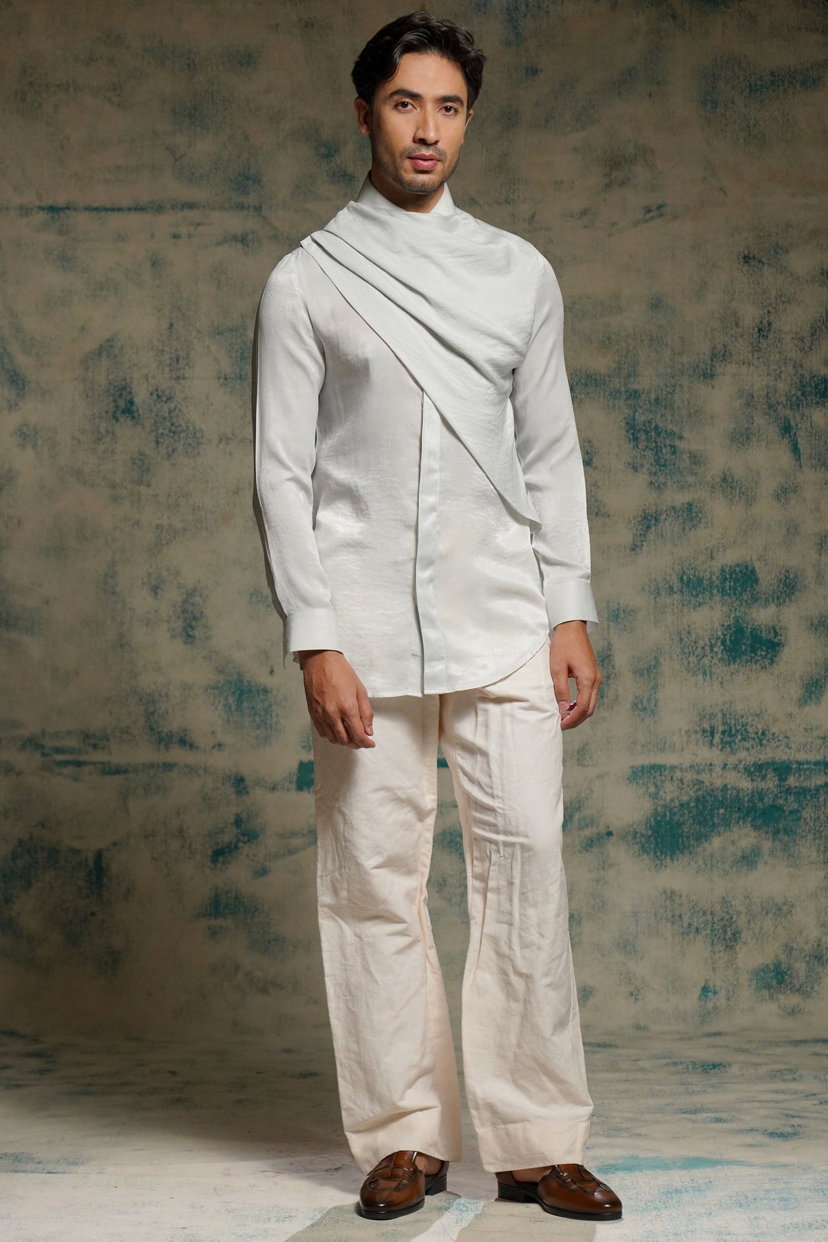 Silver Sandwash Drape Shirt Set