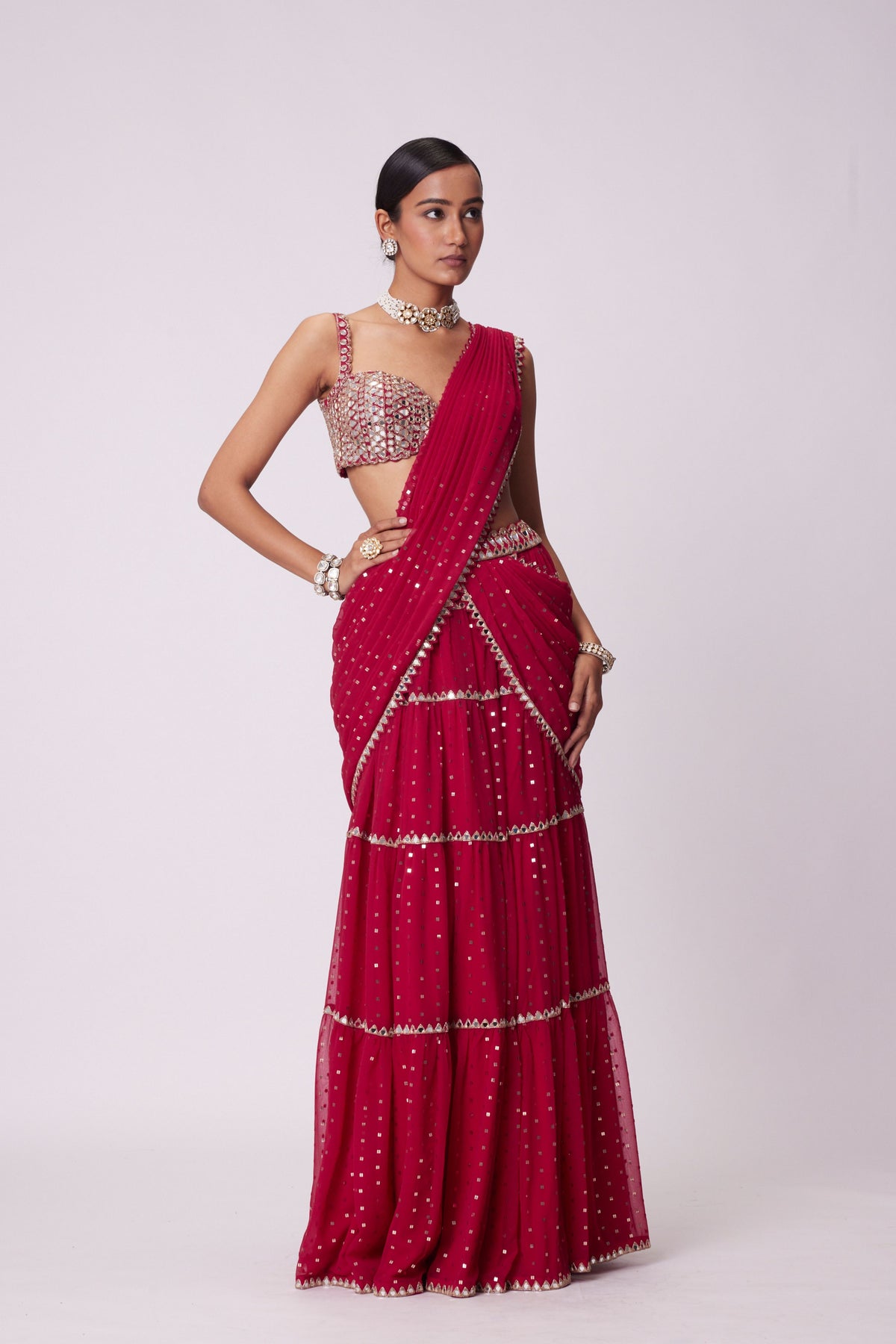 Crimson Red Multitier Saree Set