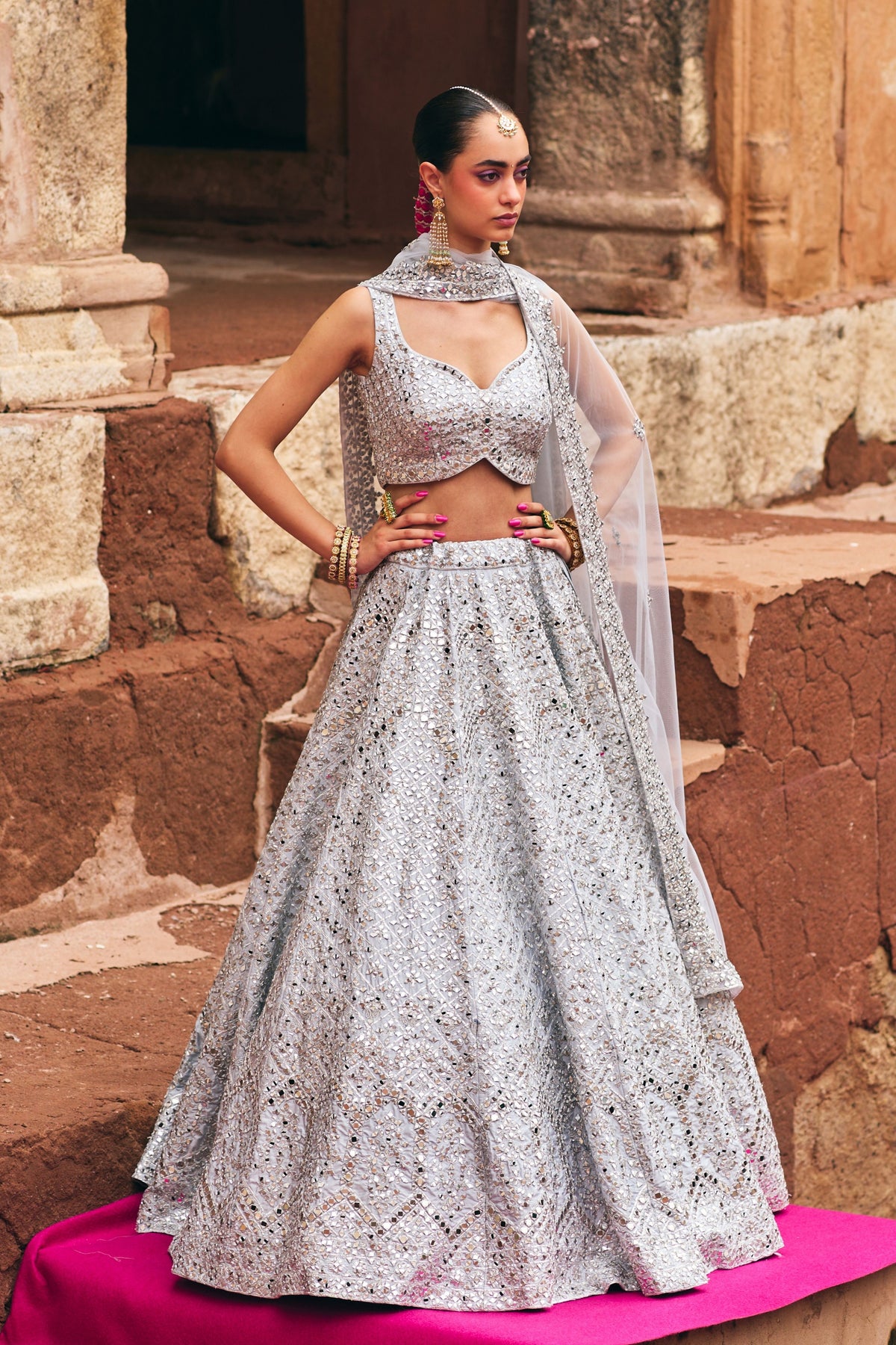 Ice Grey Raw Silk Lehenga Set
