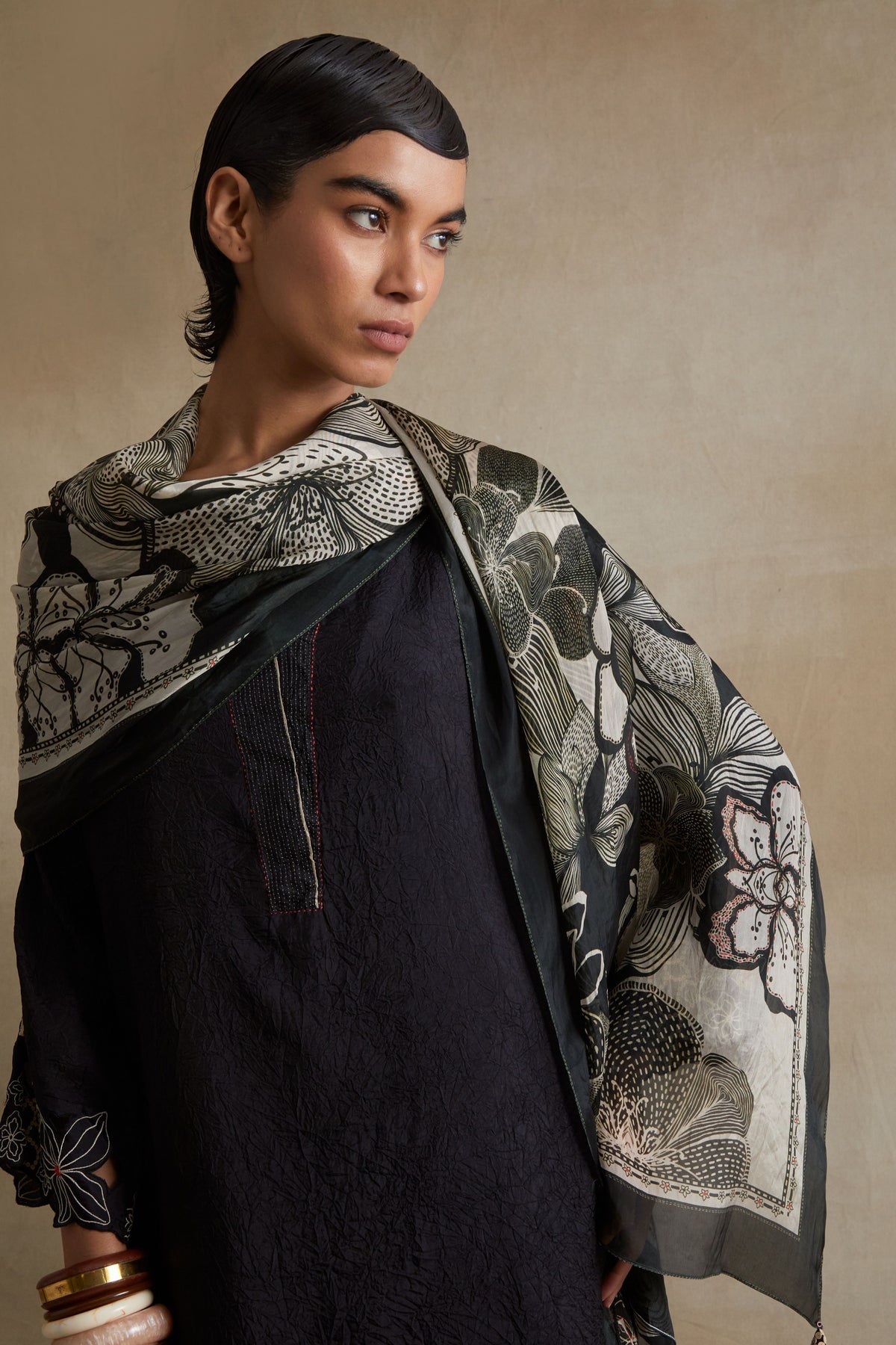 Black Floral Printed Stole