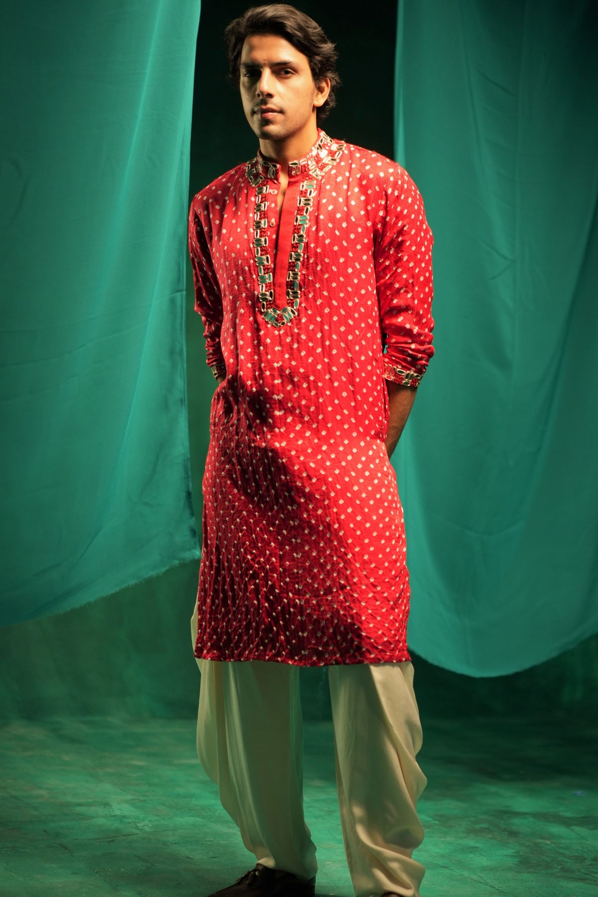 Red Bandhani Kurta Set