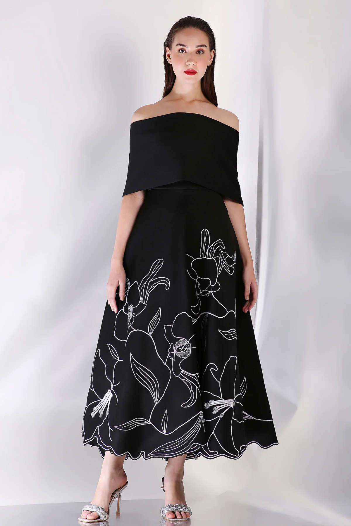 Black Embroidered Wave Wrap Dress