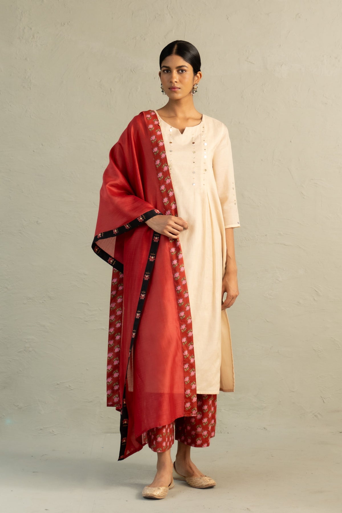 Beige Pleated Kurta Set