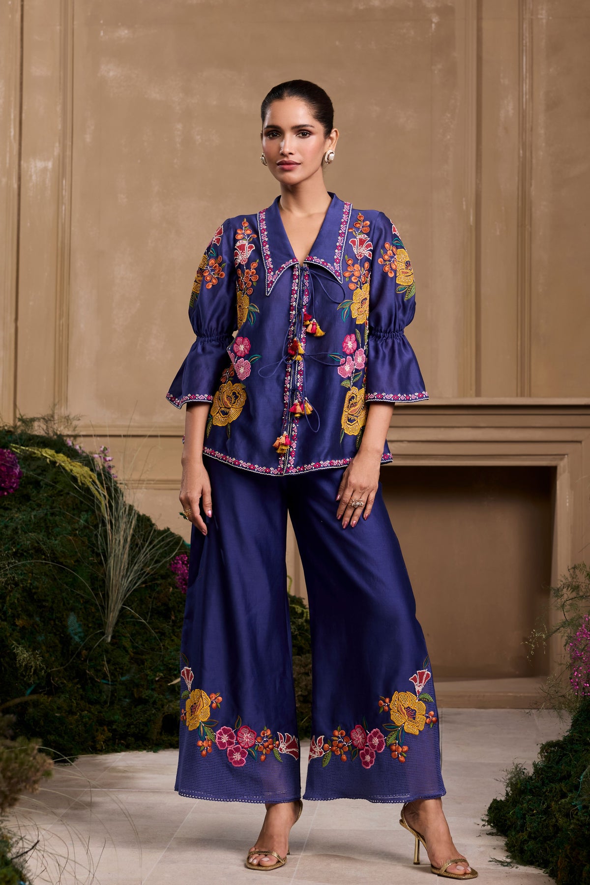 Cobalt Blue Embroidered Flared Pant