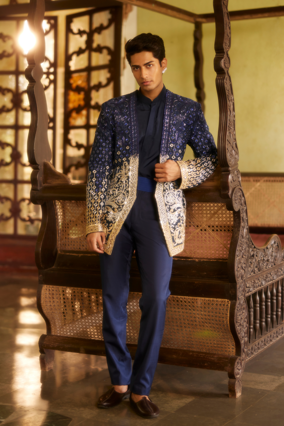 Blue Open Jacket Paired With Shirt Set