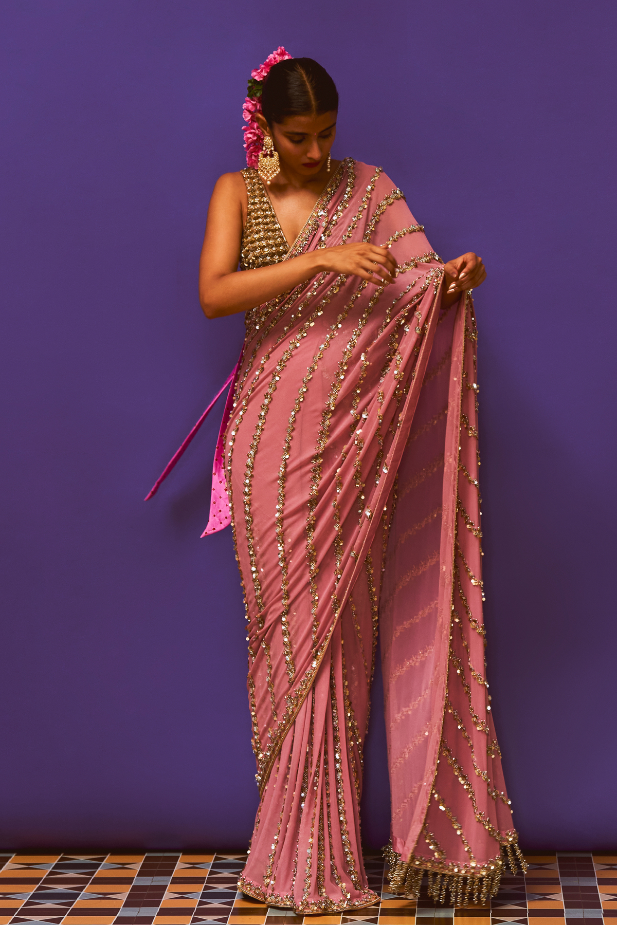 Rose Pink Pre Pleated Saree Set