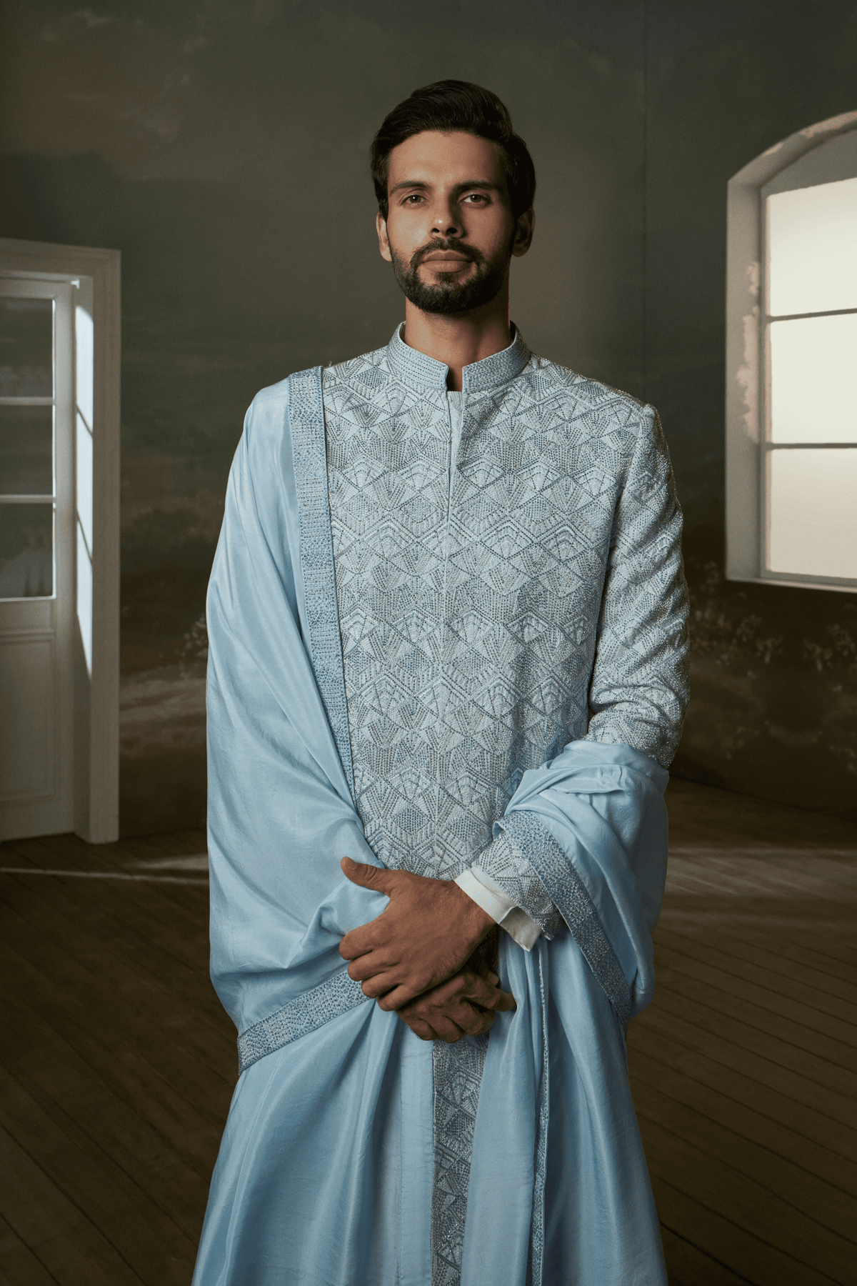 White  embroidered raw silk sherwani Set