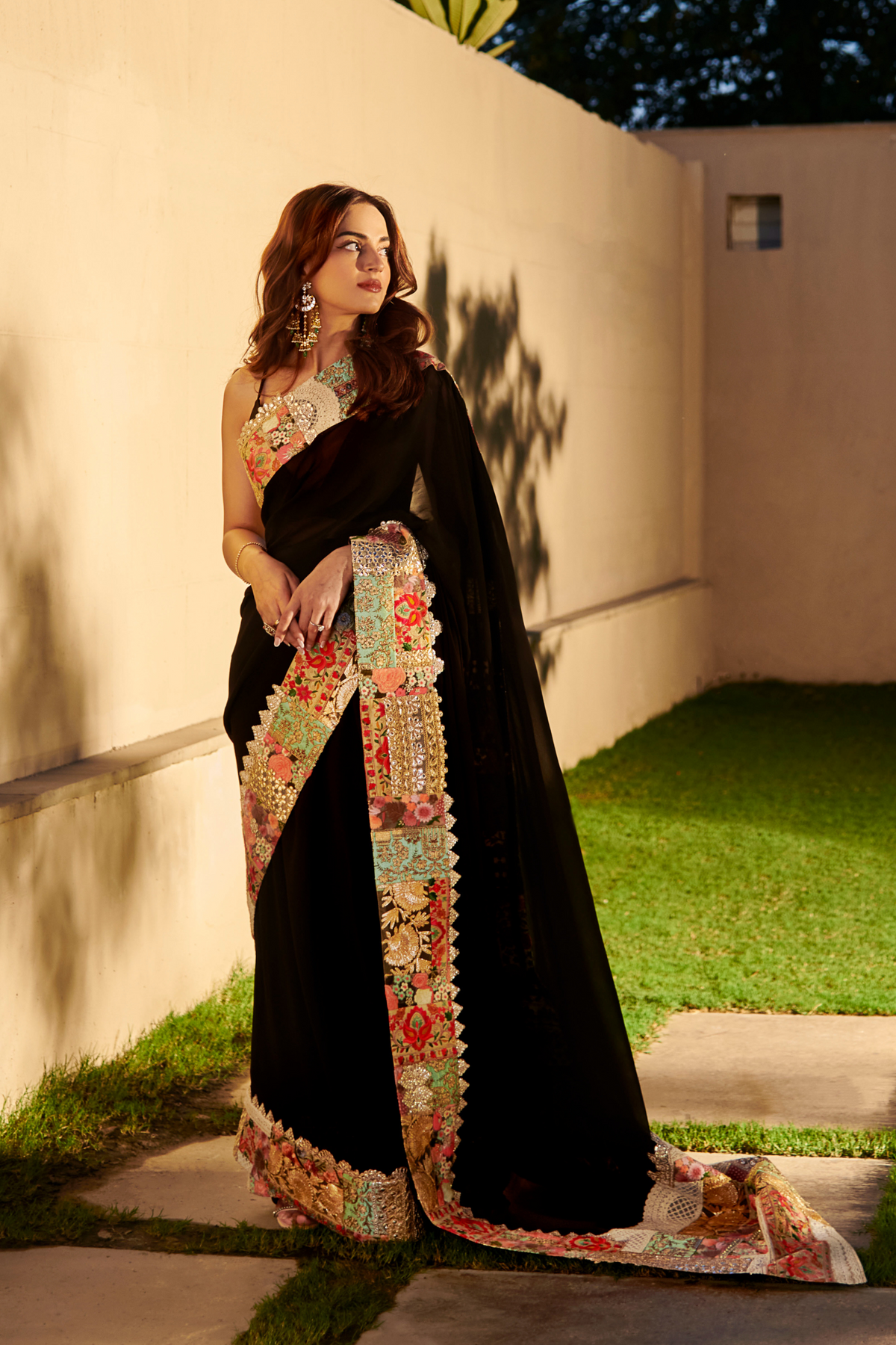 Black multi patch embroidered saree set
