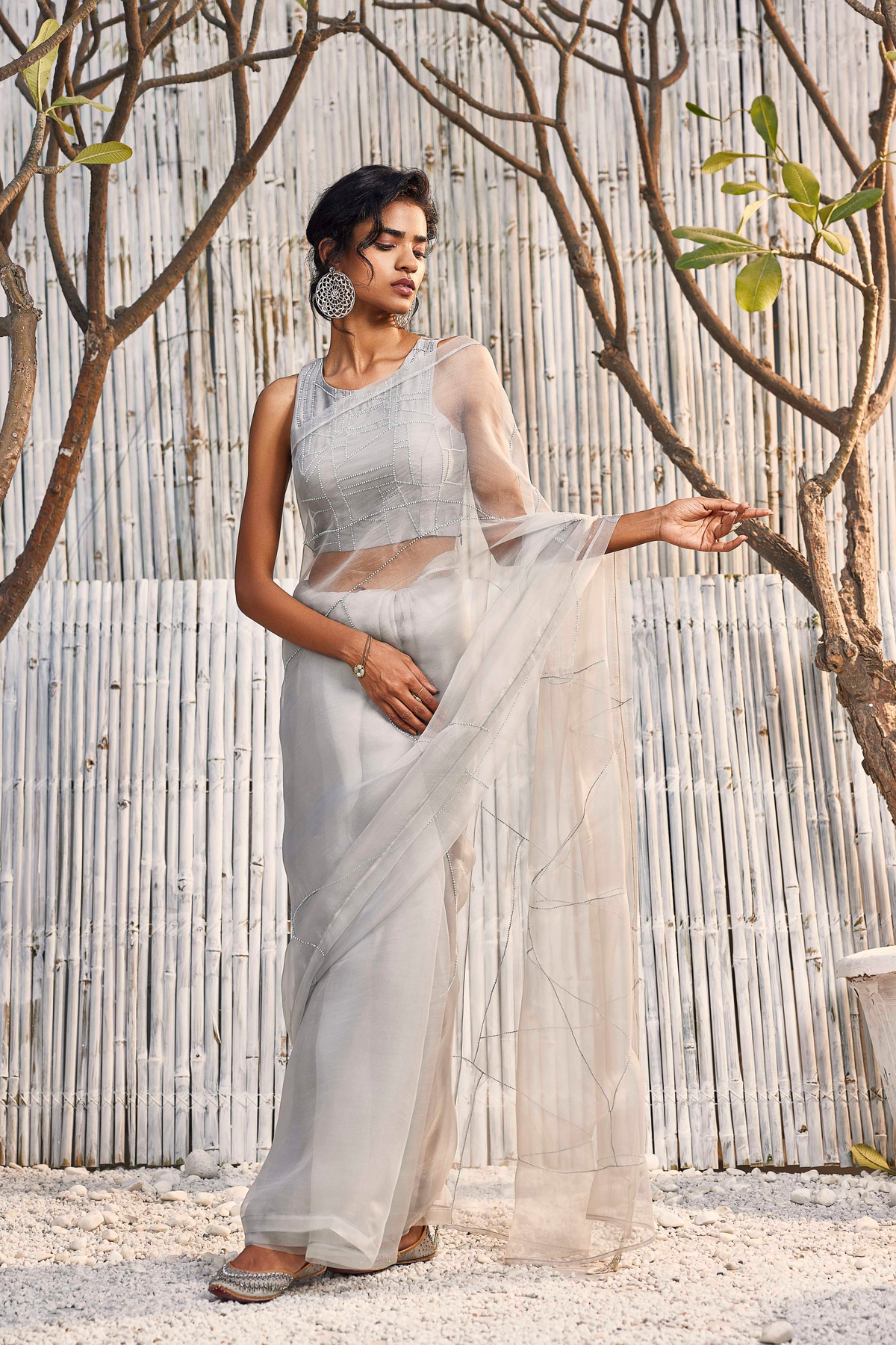 Steel Grey Organza Saree Set