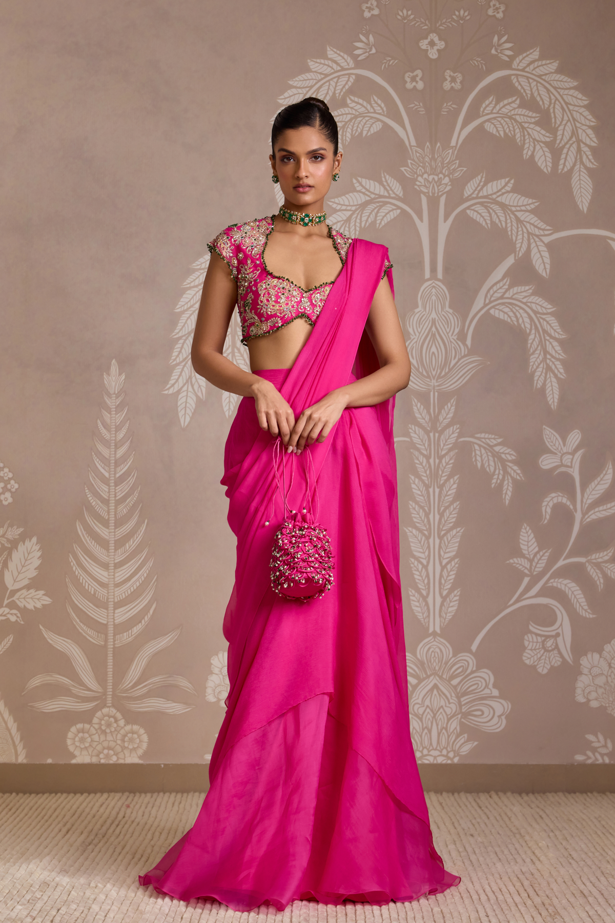 Bright Fucshia Drape Saree Set