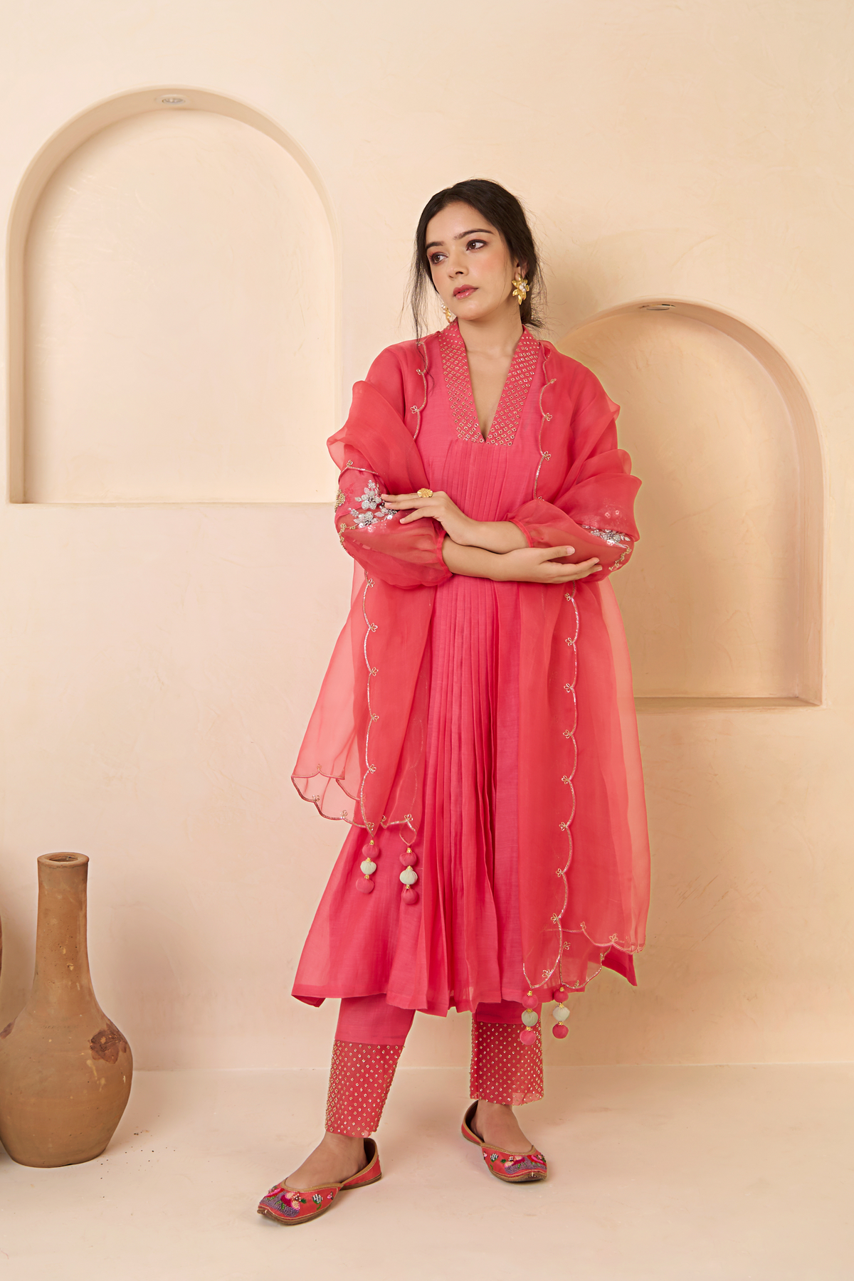 Rose Pink V-neck Kurta Set