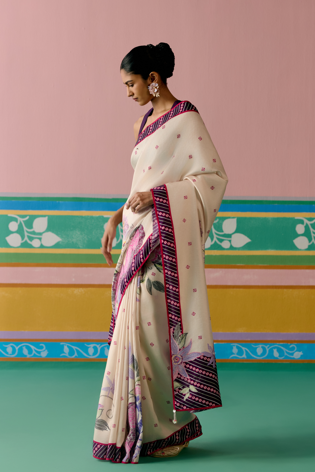 Ecru Purple Ikkat Saree