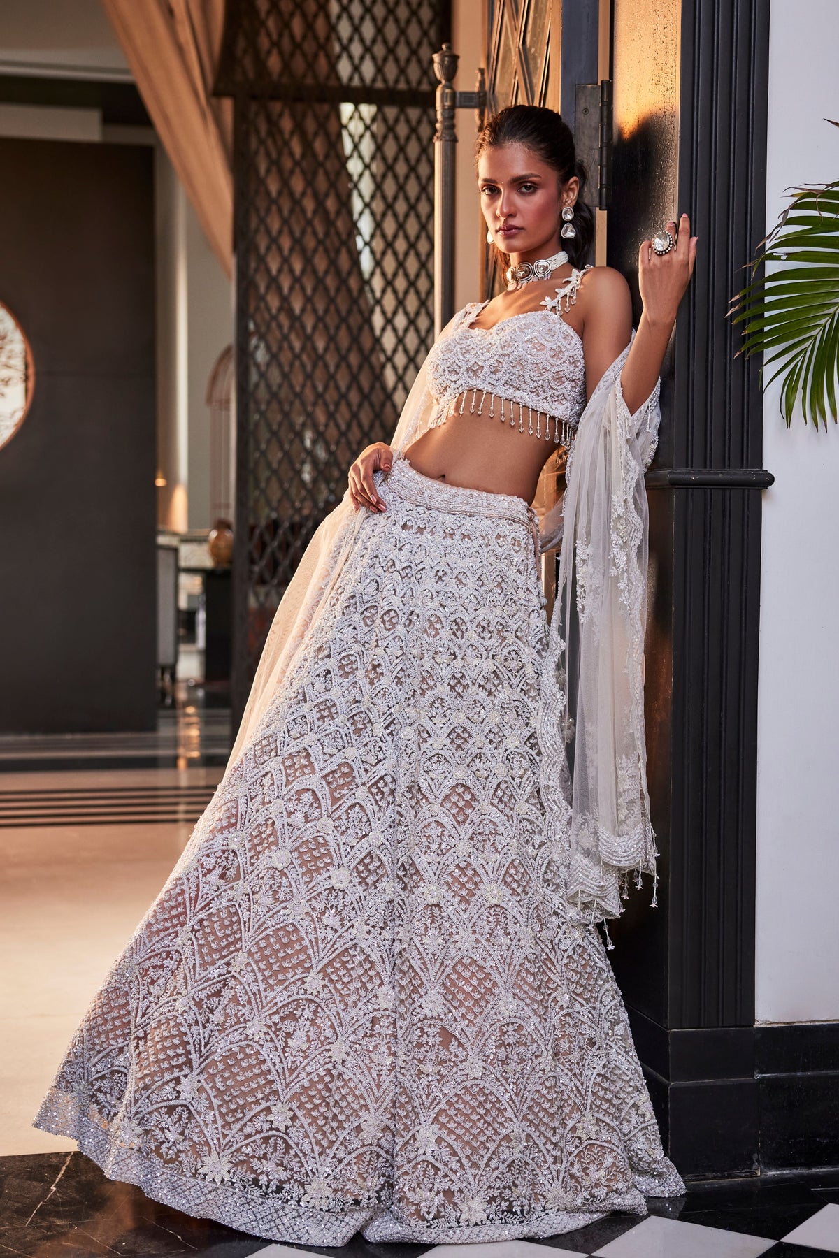 White Bead Lehenga Set