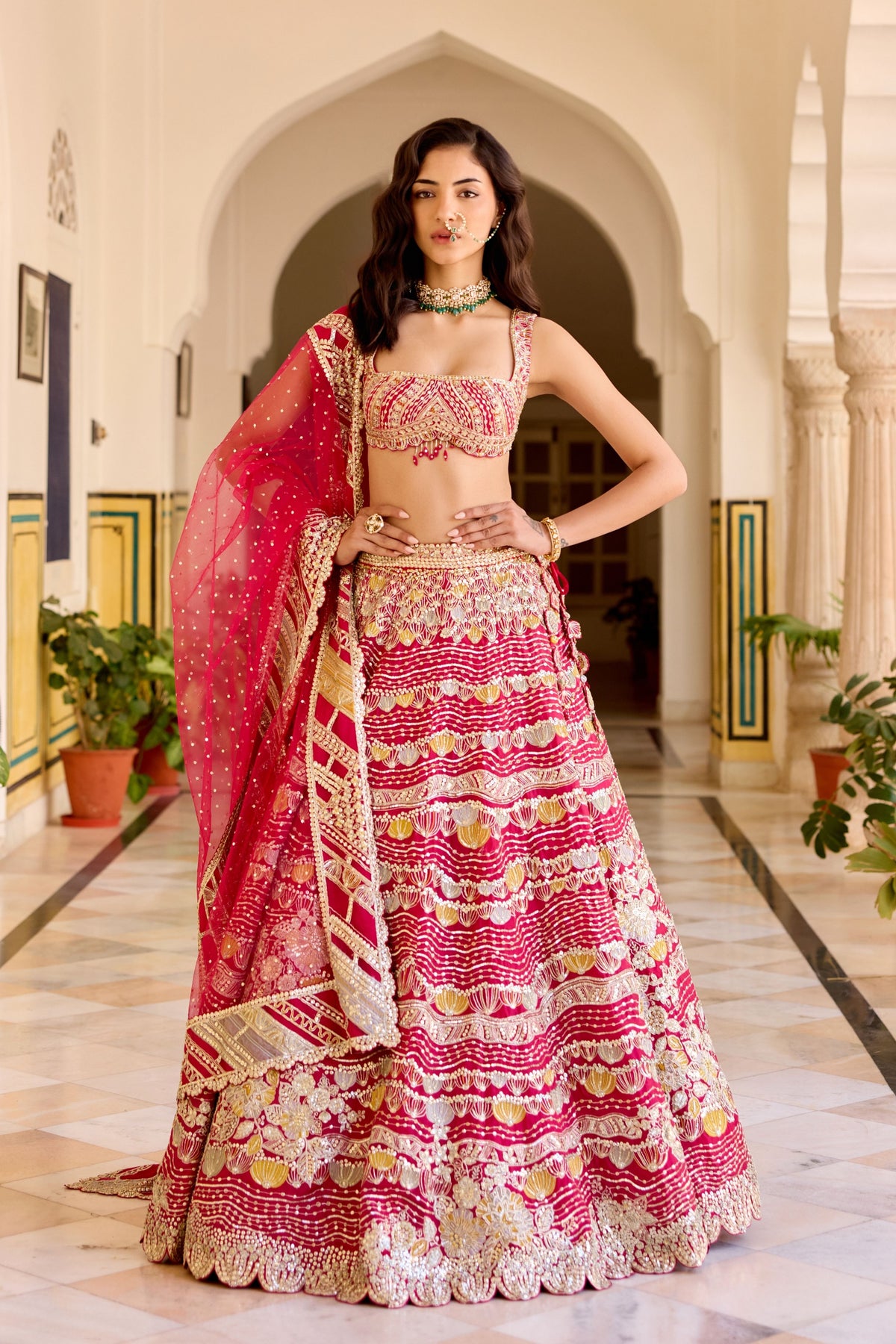 Cut Ruby Organza Lehenga Set