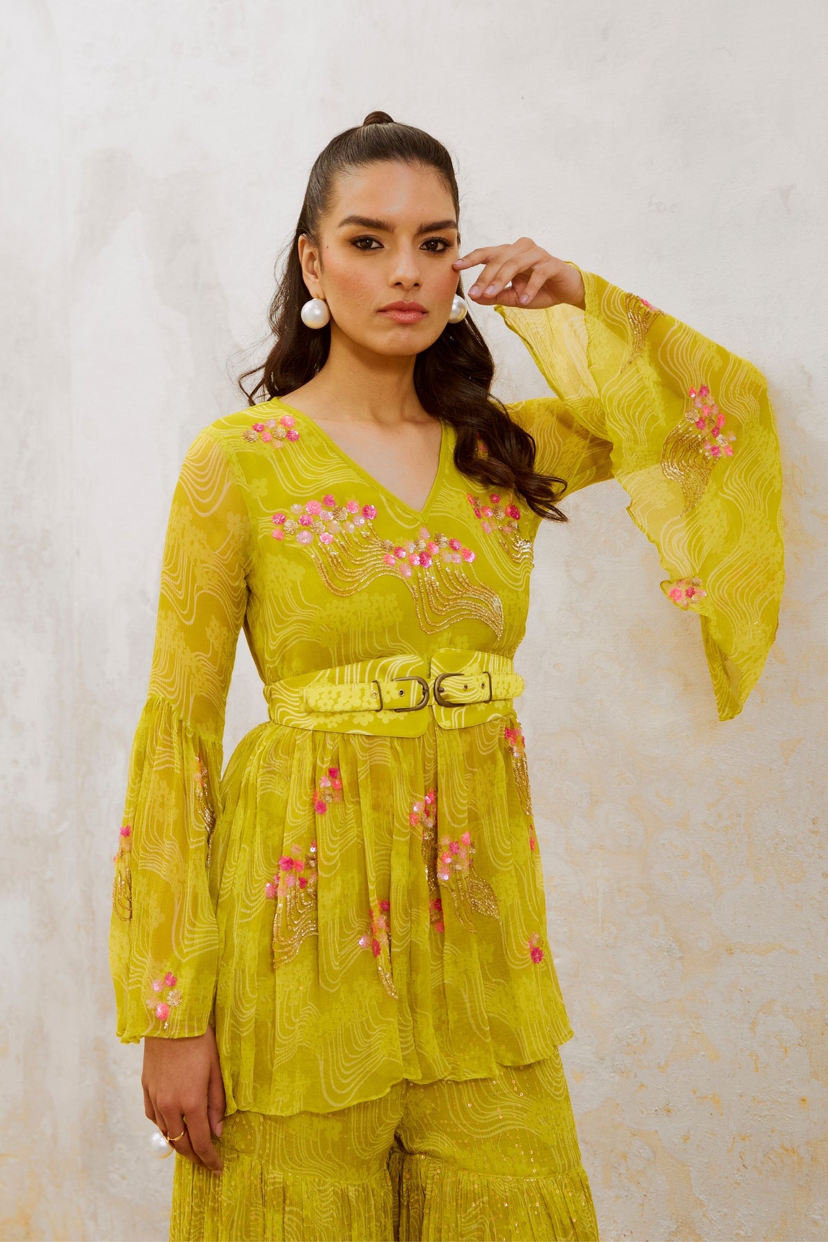 Lemon Green Guldasta Tunic With Jugnu Sharara Set