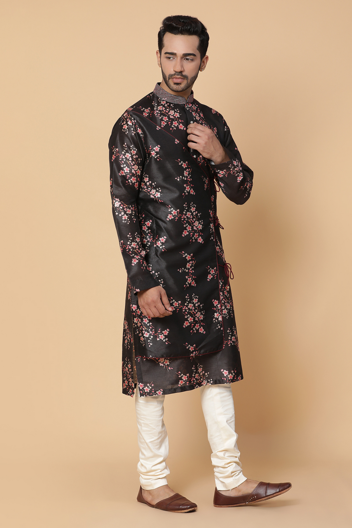 Black floral silk kurta