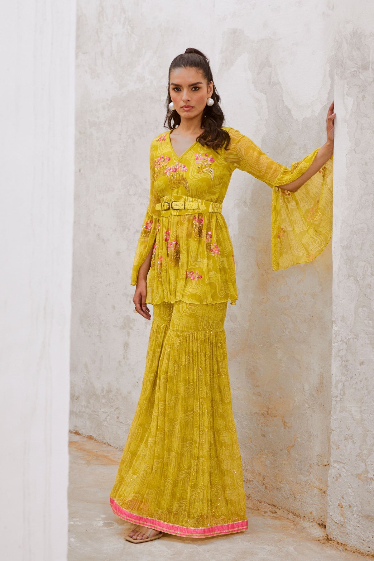 Lemon Green Guldasta Tunic With Jugnu Sharara Set