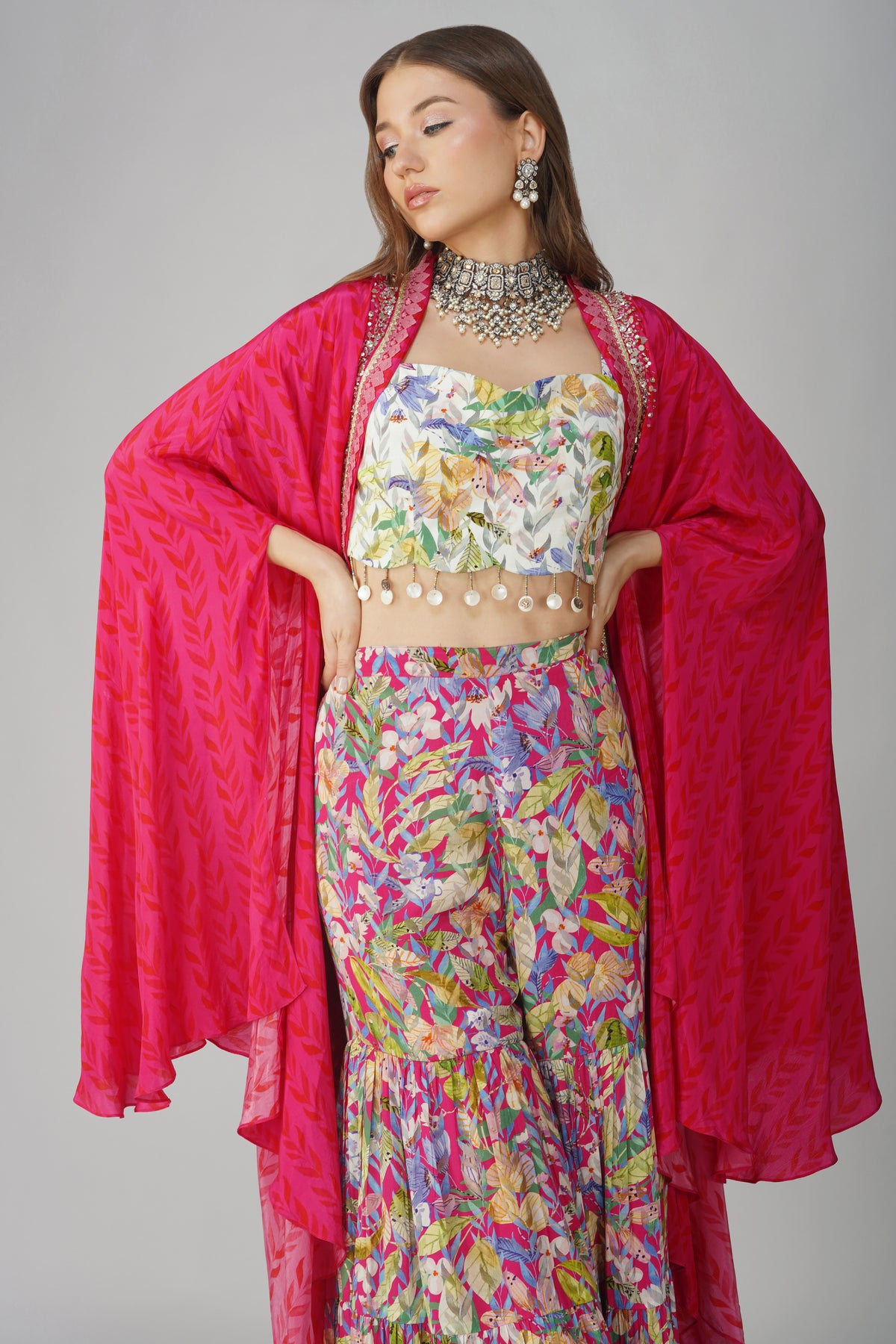 Multi Leaf Print Cape Set