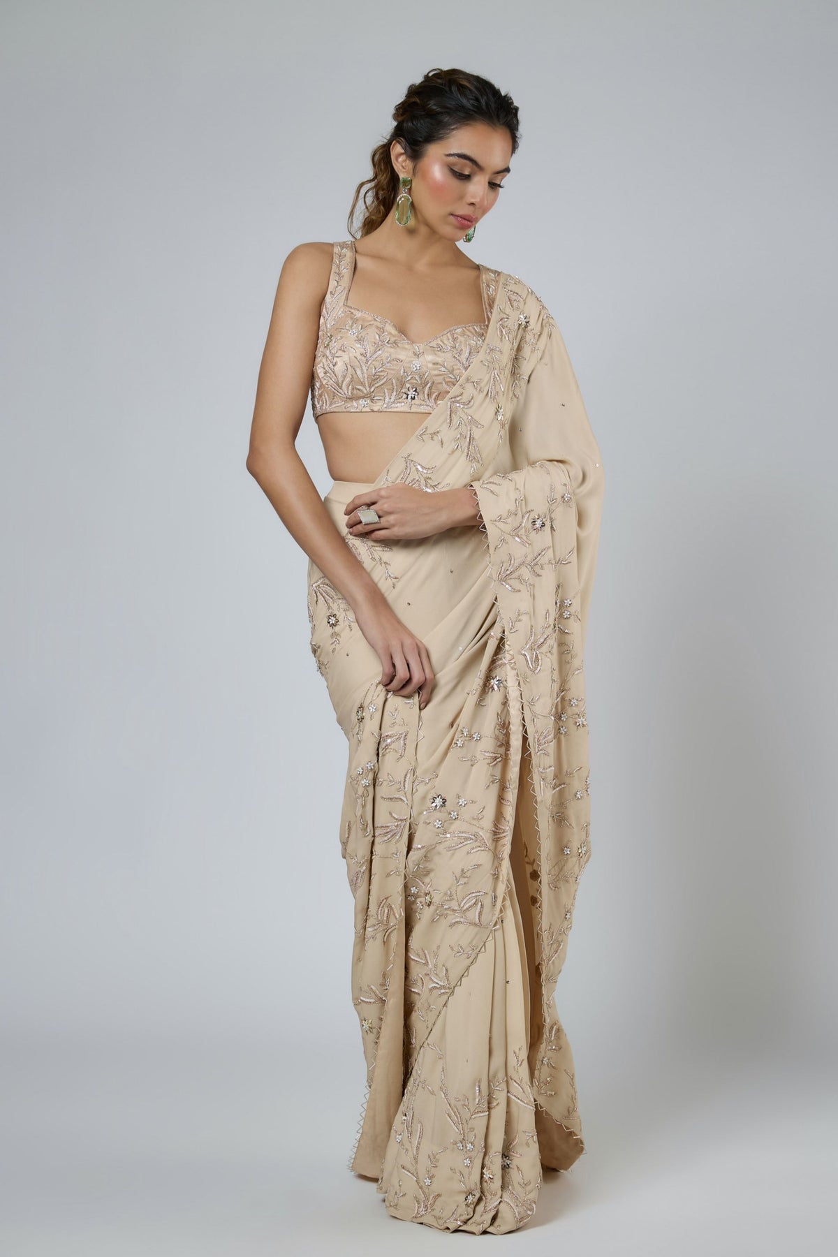 Beige Floral Draped Saree Set