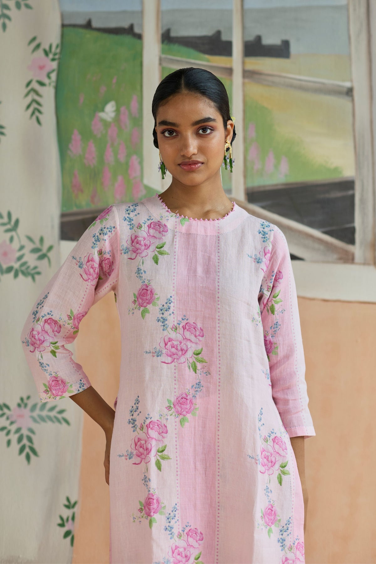 Rose Haze Long Kurta Set Linen