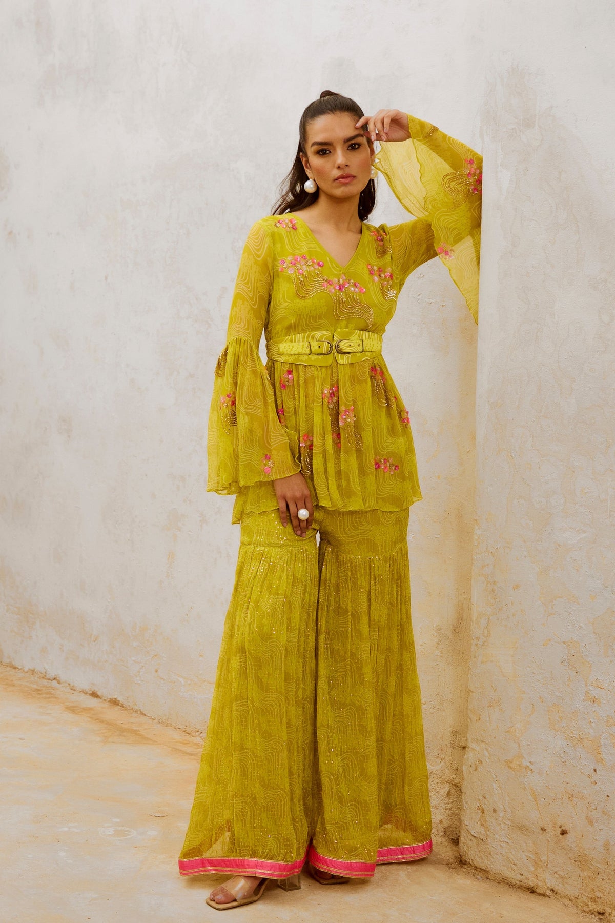 Lemon Green Guldasta Tunic With Jugnu Sharara Set