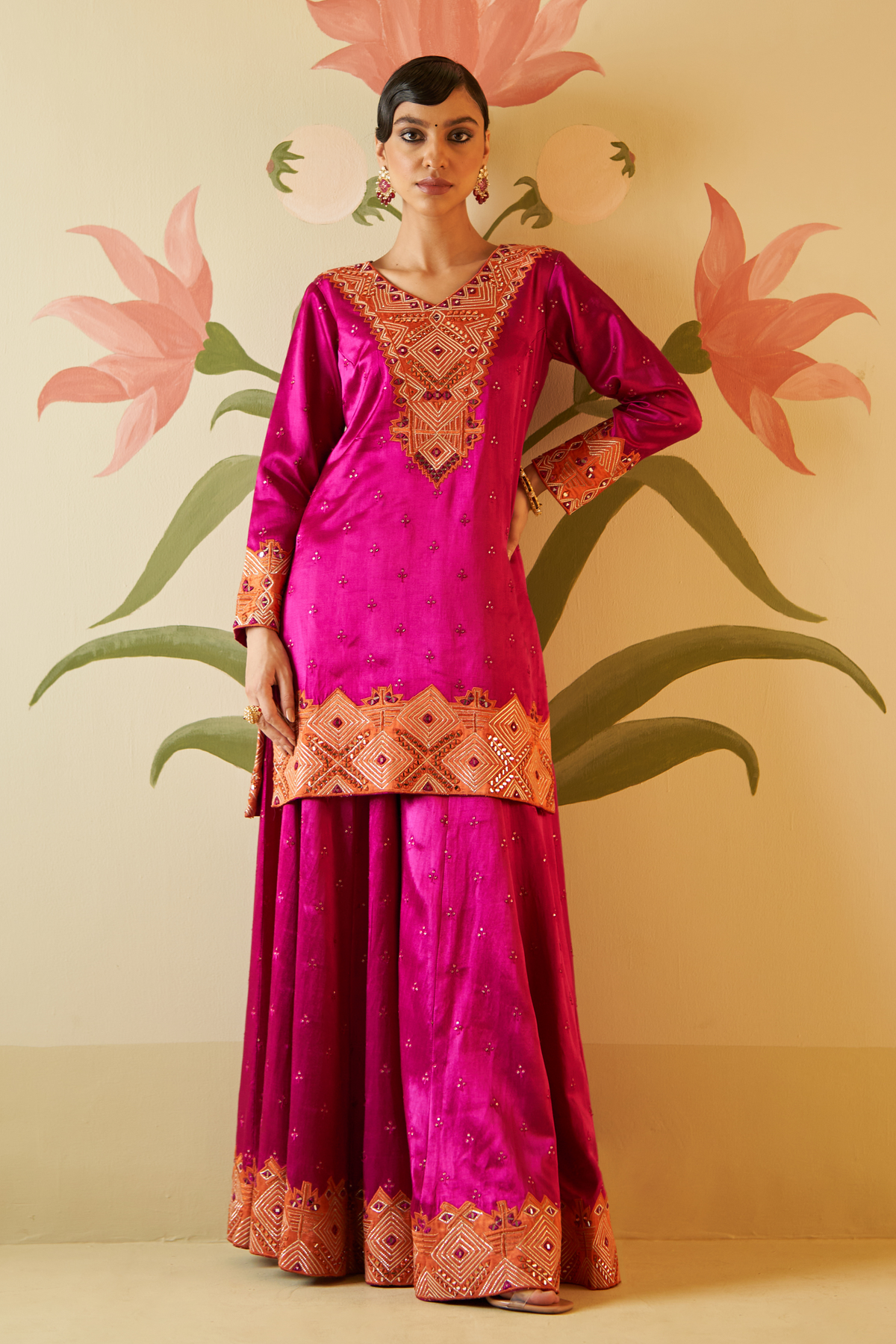Crimson Satin Silk Sharara Set