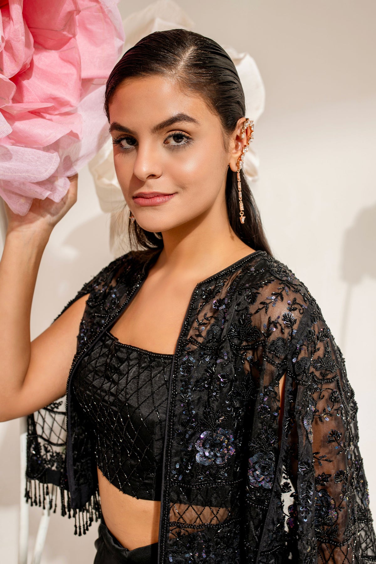 Black Satin Embroidered Cape Set