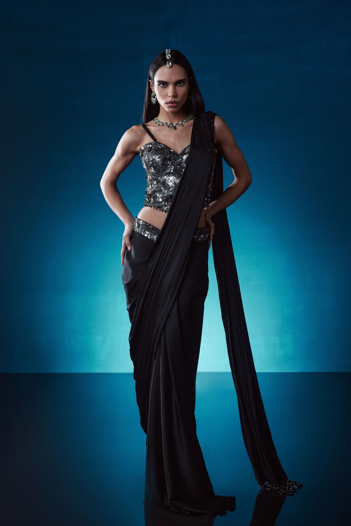 Black Drape Saree Set