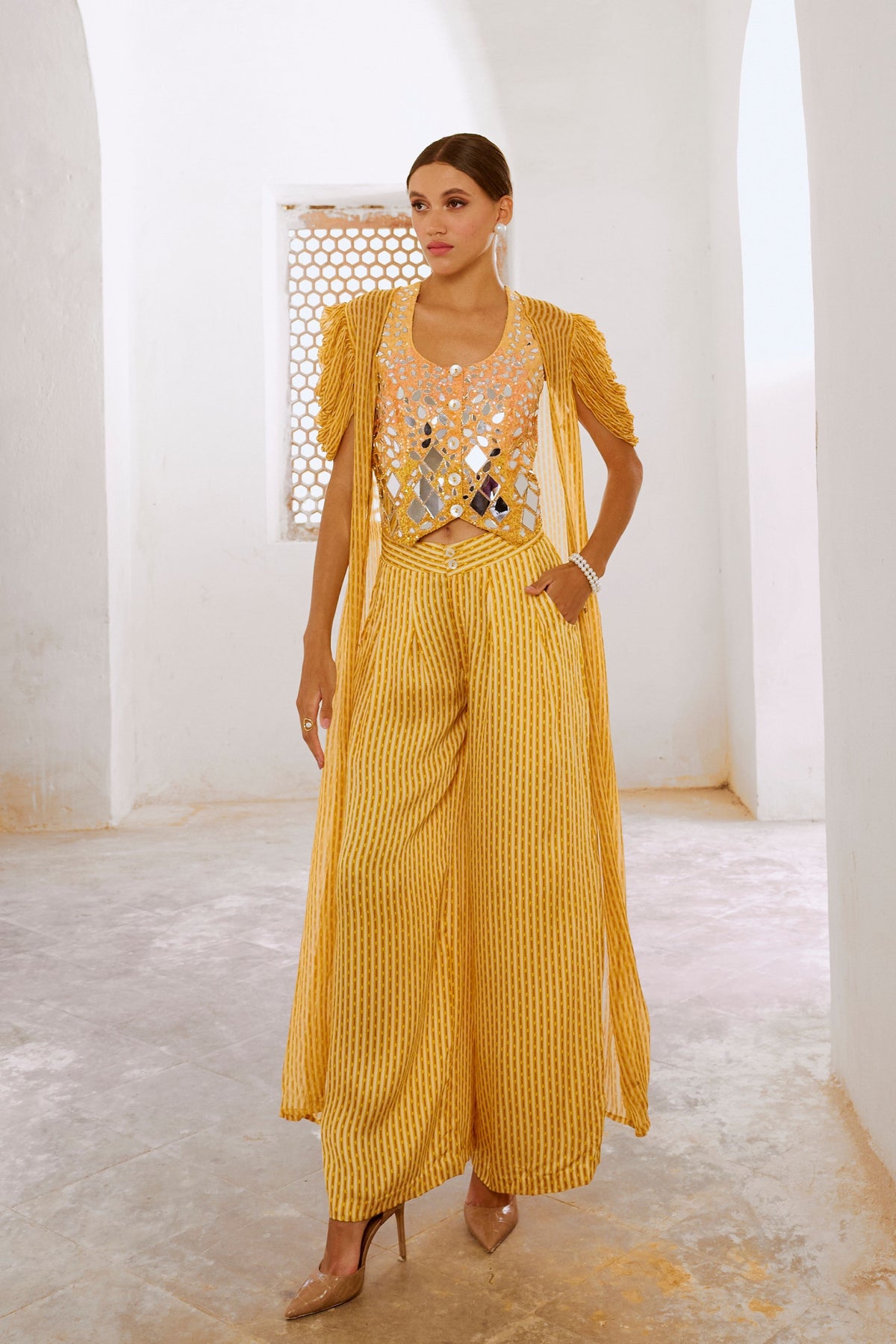 Daisy Yellow Sheesha Koti With Jacket Set
