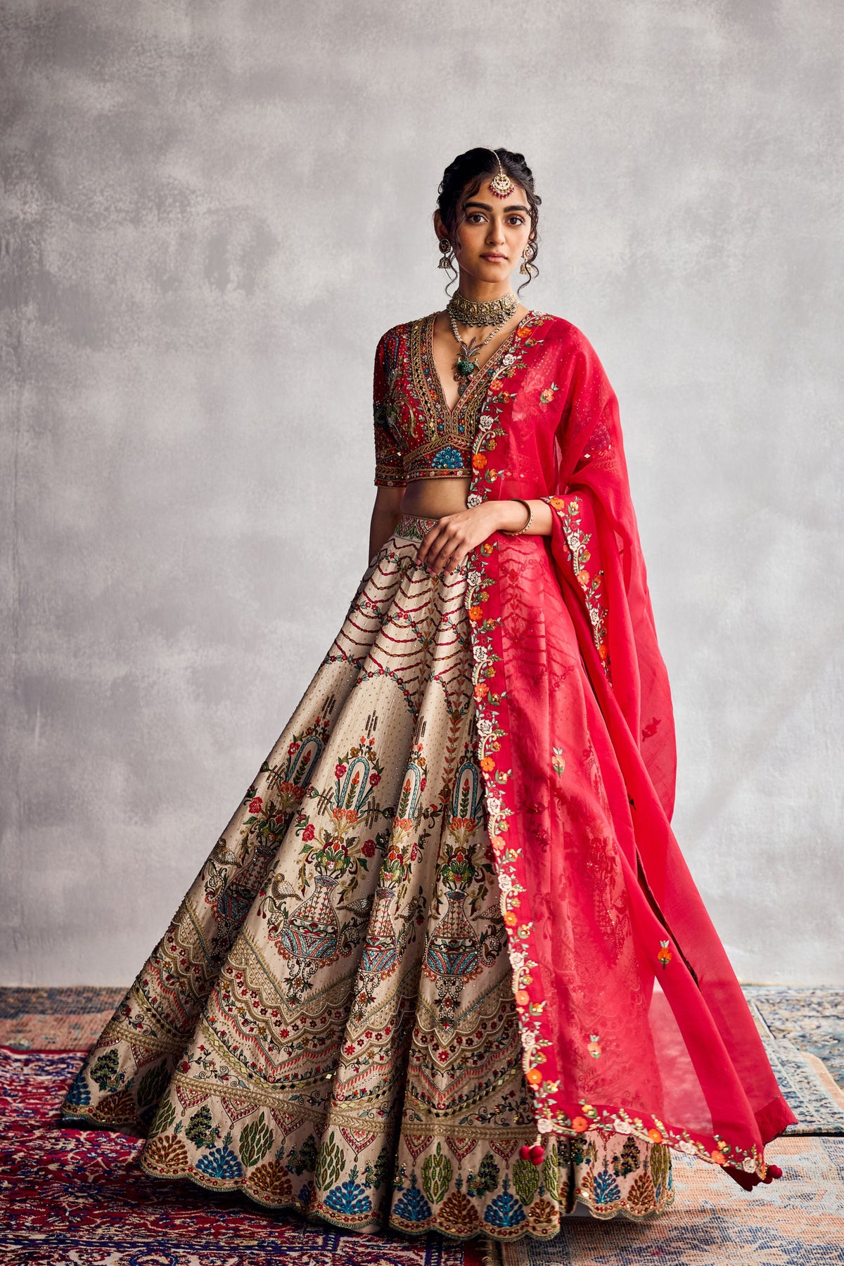 Ivory and Red Lehenga Set