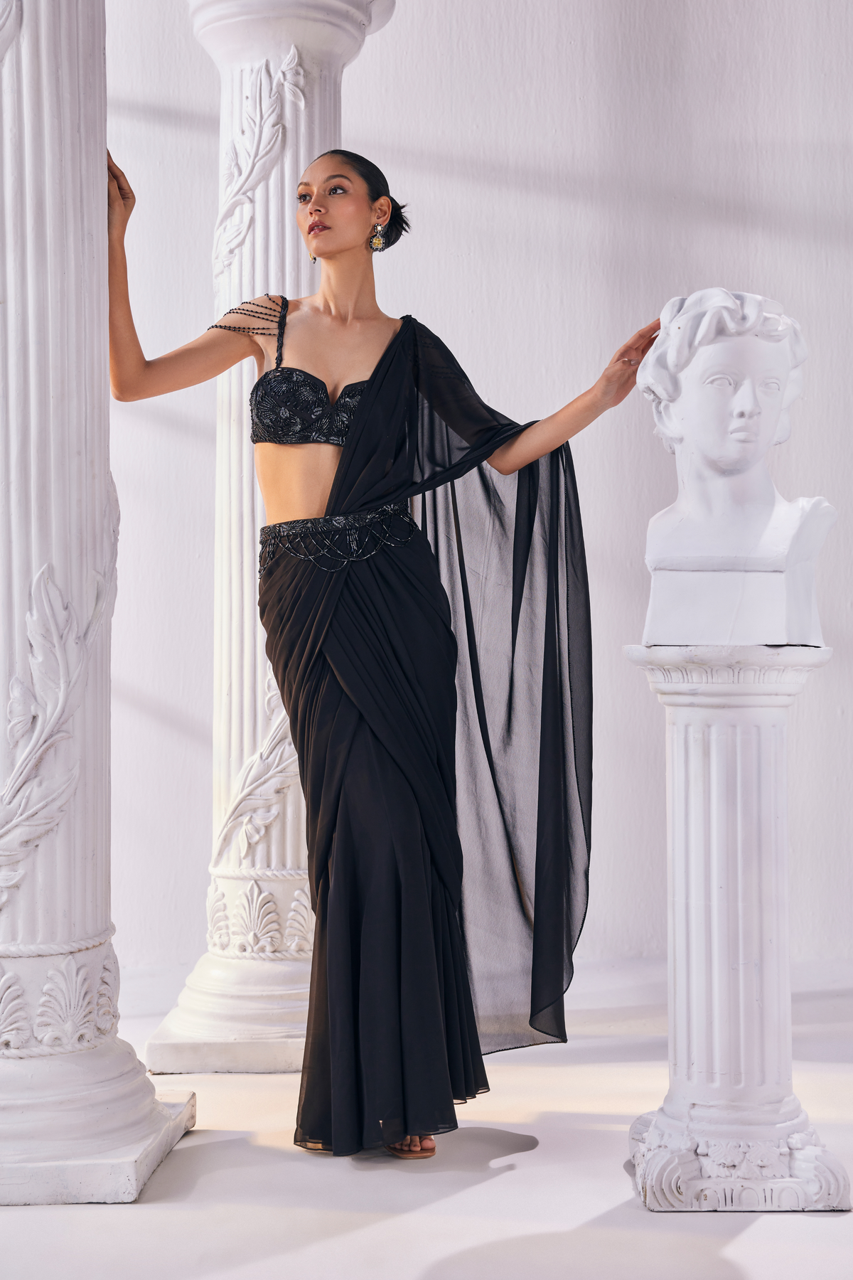 Black Royal Draped Saree Set