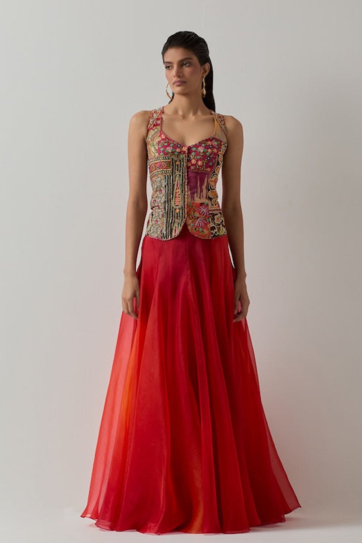 Multi Corset and Red Skirt