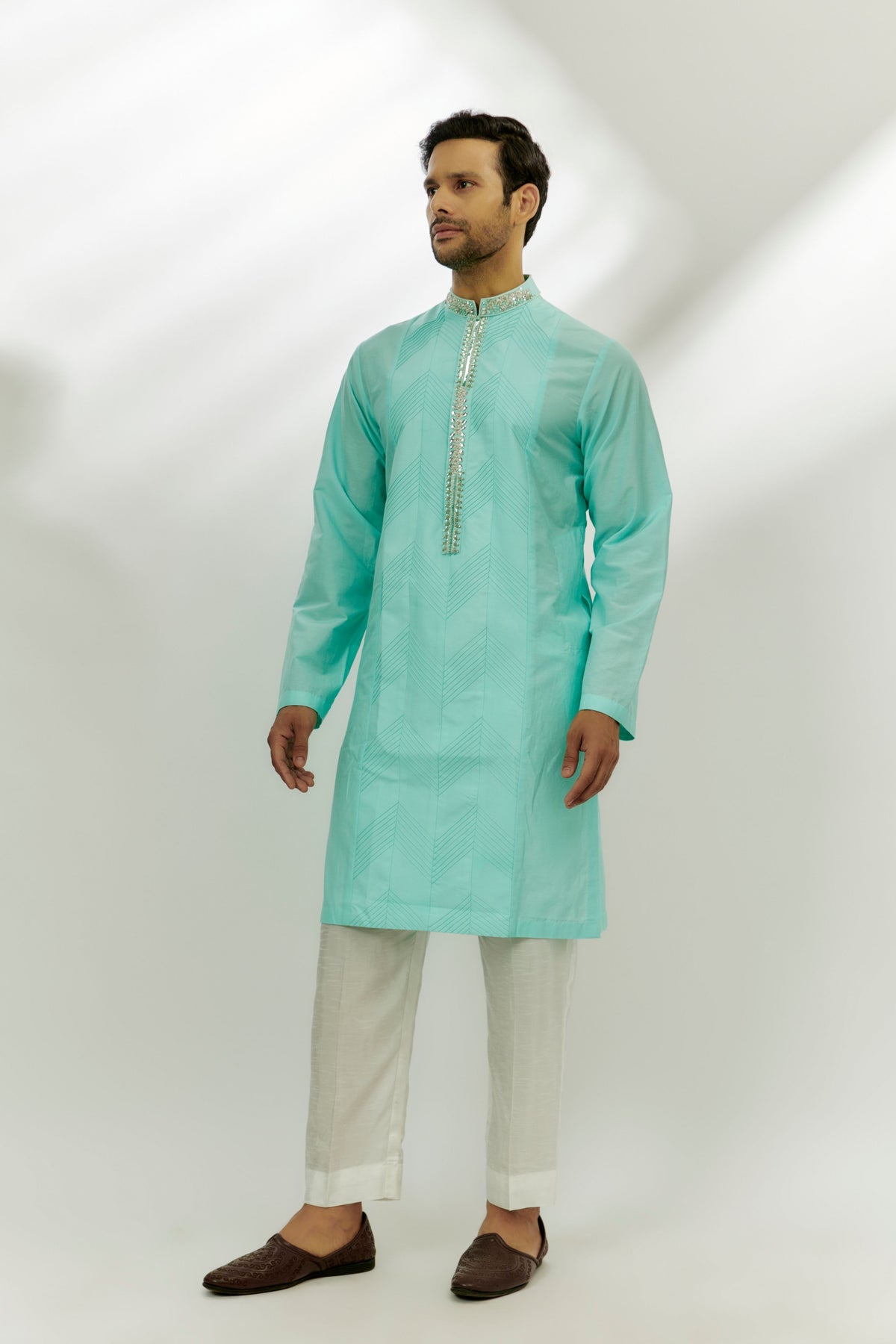 Cyan Blue Cotton Silk Embroidered Kurta