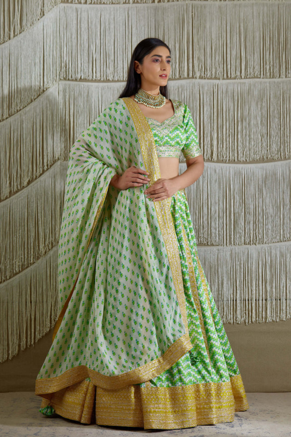 Green and yellow lehanga set