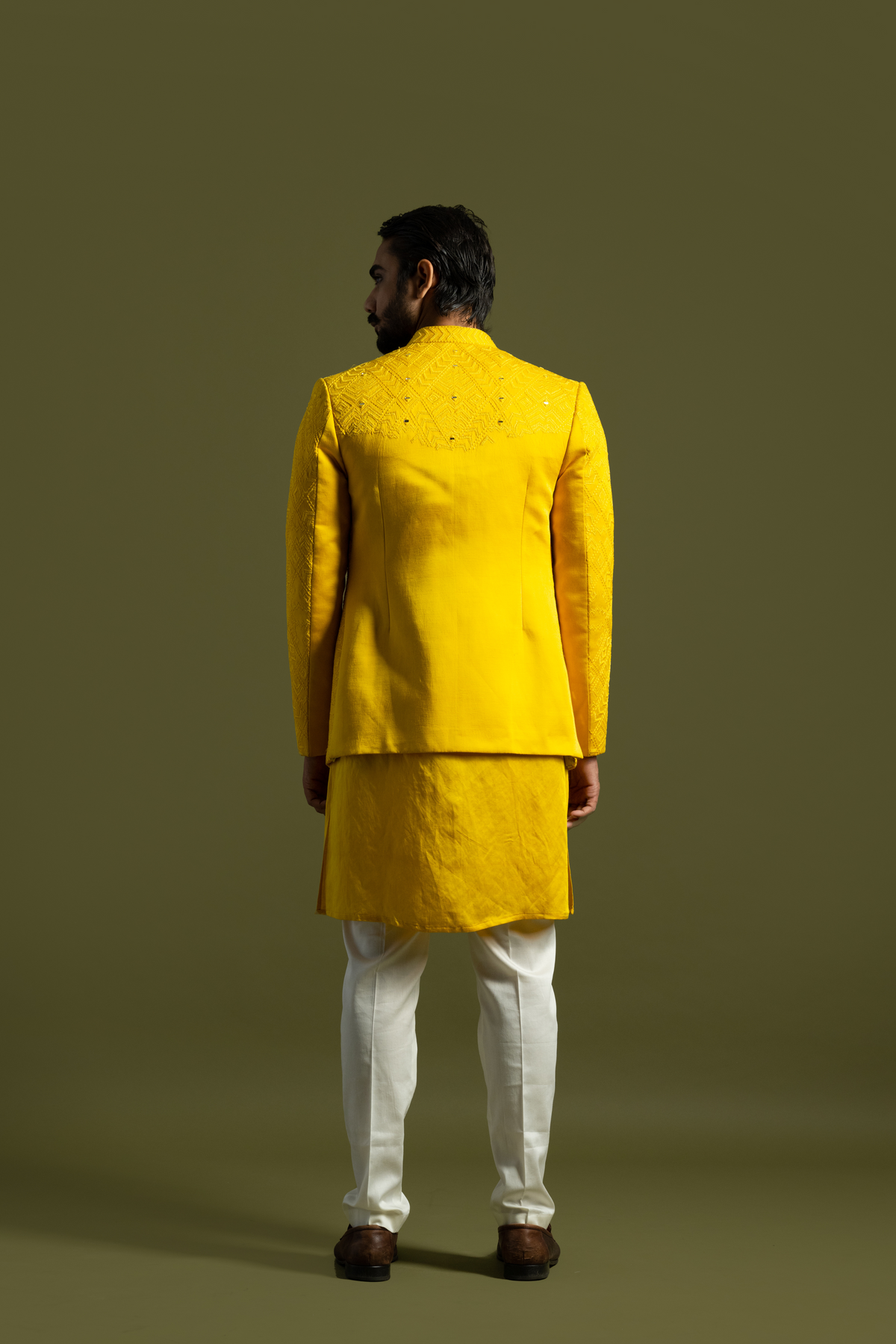 Yellow Linen Satin Achkan Set