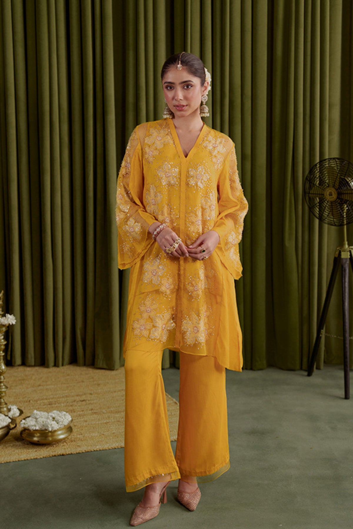 Golden Yellow Floral Kurta Set