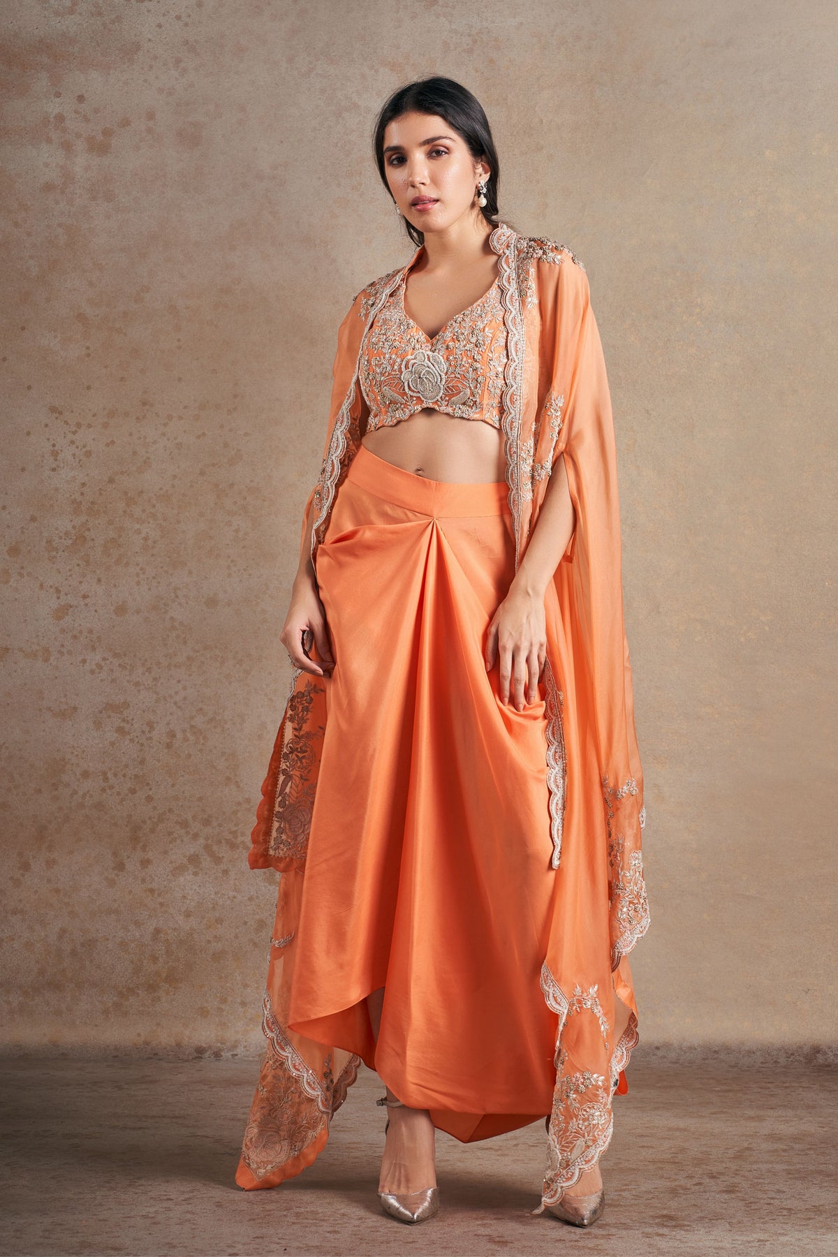 Sumptuous Coral Orange Cape Set