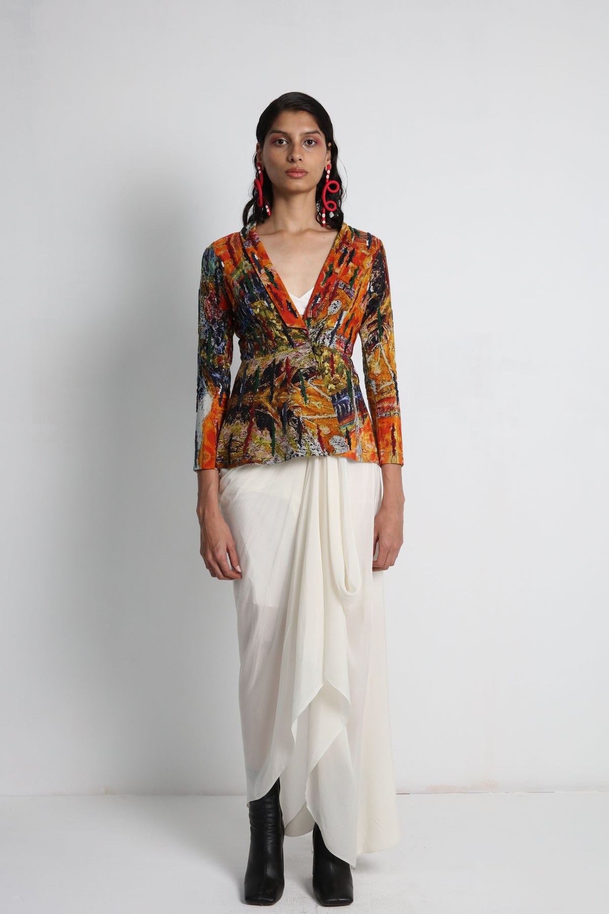 Multicolour Hand Embroidered Jacket Set
