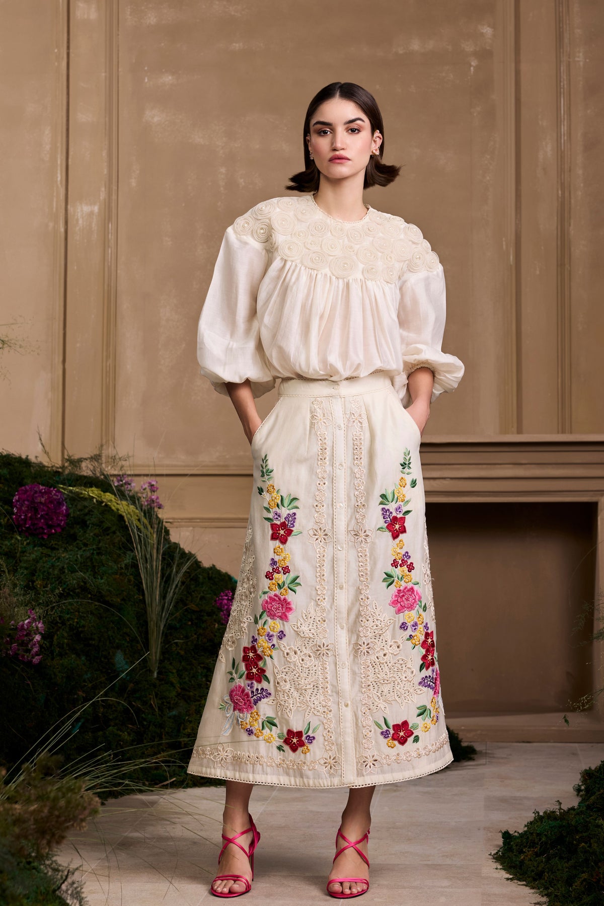 Ivory Floral Embroidered Buttondown Skirt