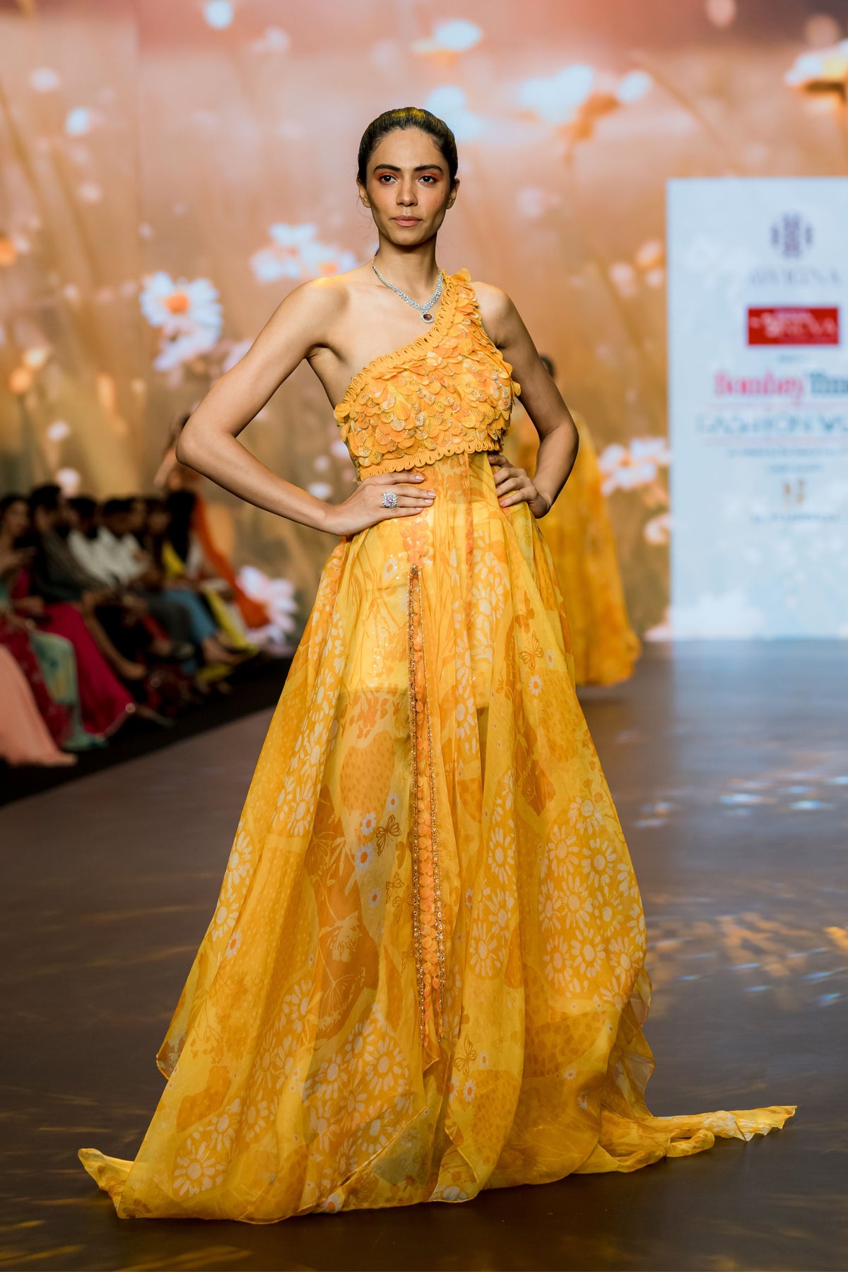 Yellow Printed One Shoulder Gown