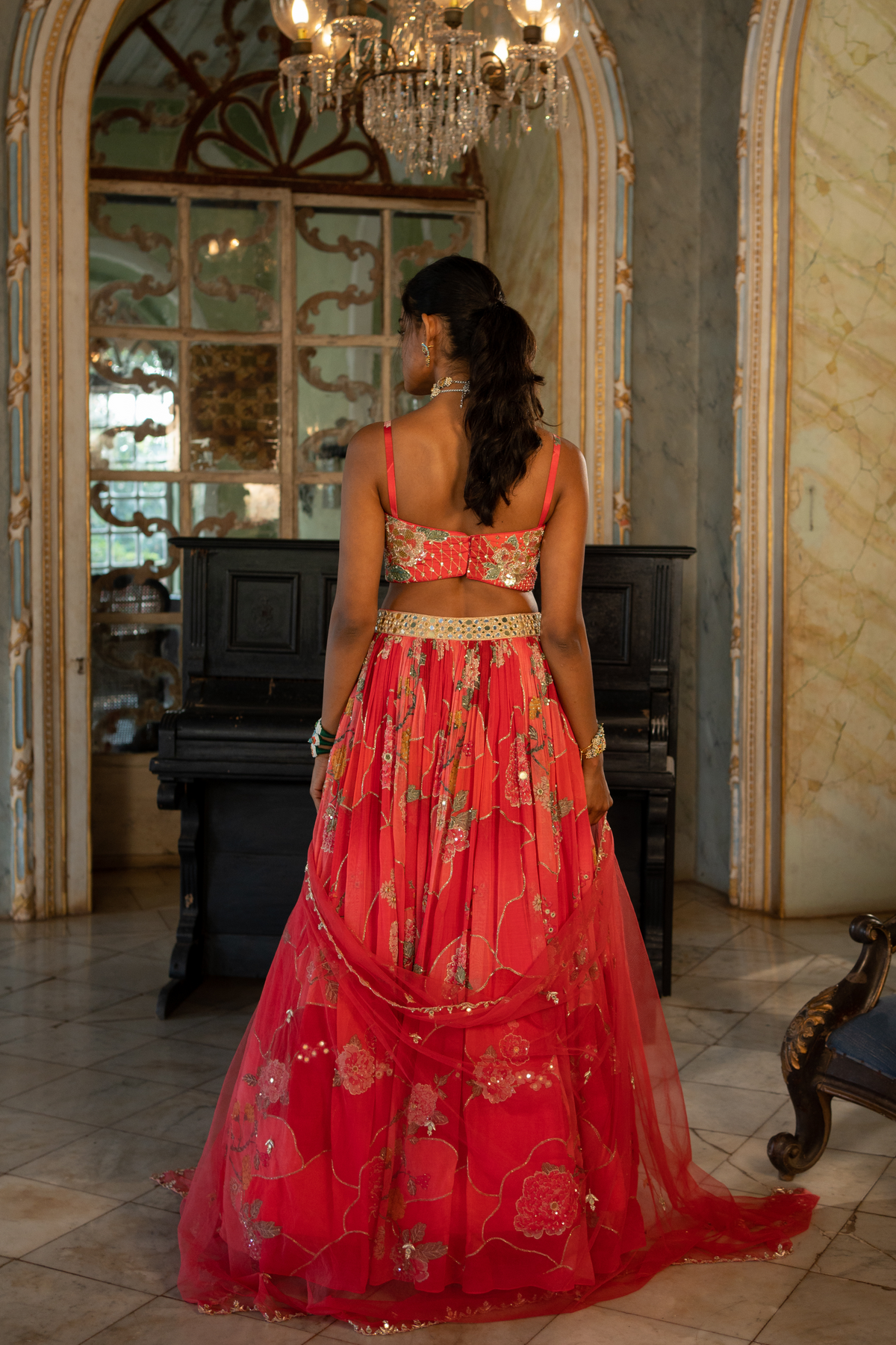 Red Nakhsa Printed Lehenga Set