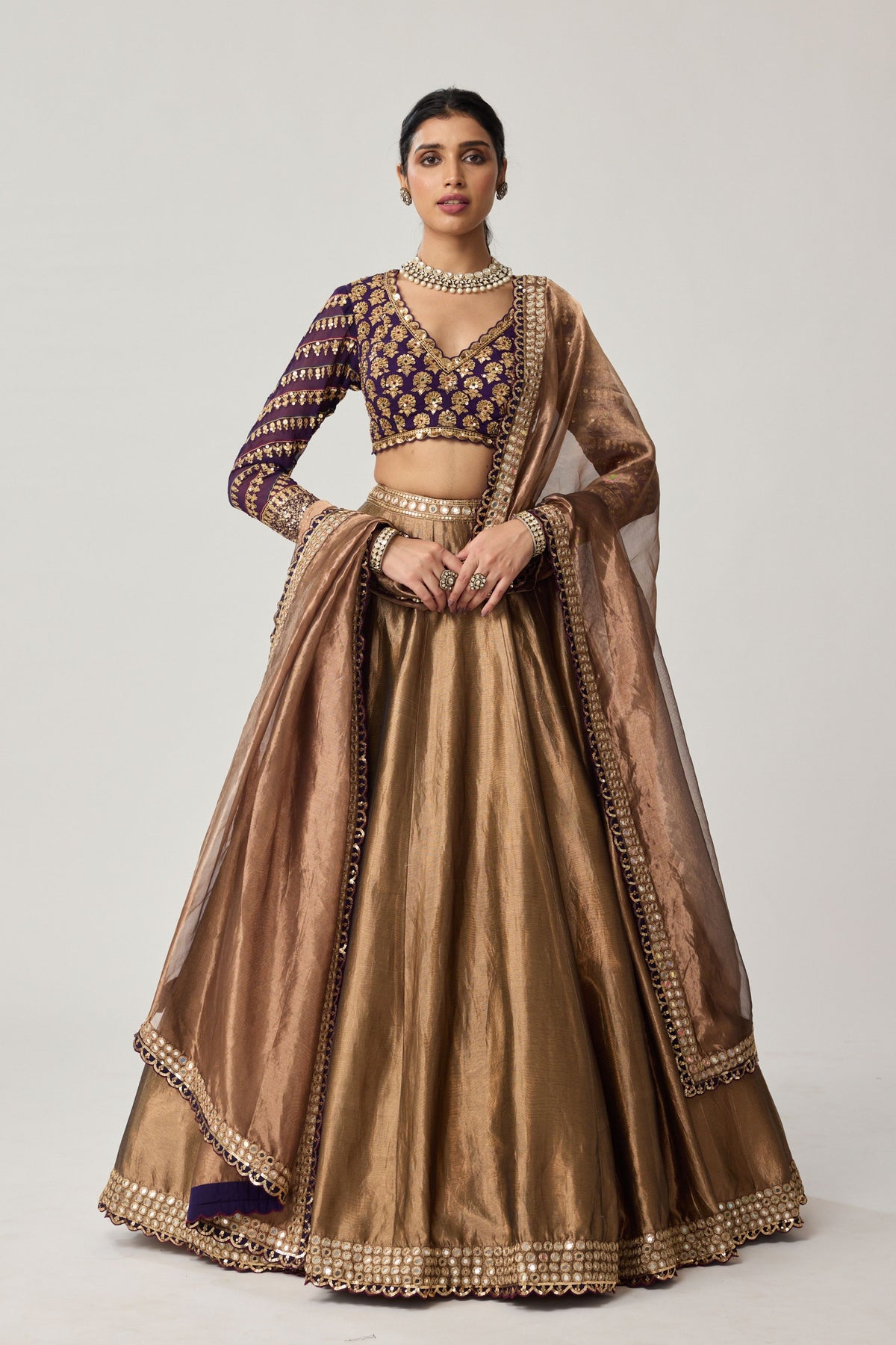 Copper Tissue Mughal Lehenga Set