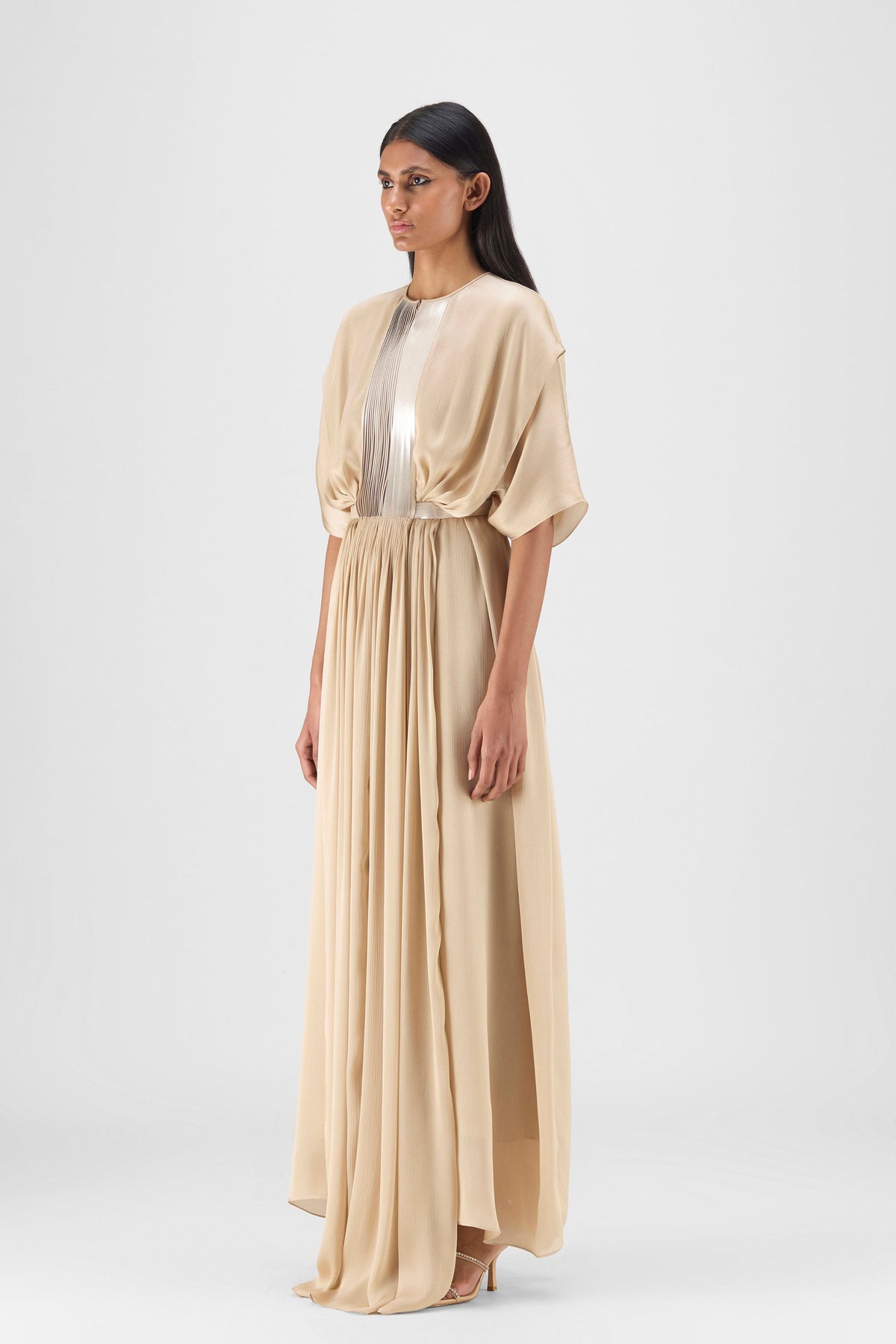Pleated Layered Gown in Sand