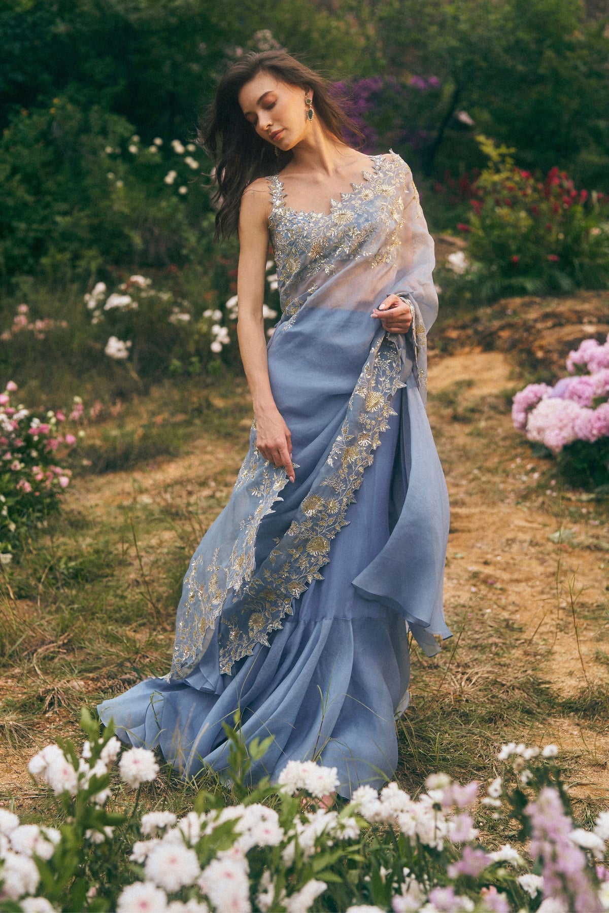 Zari Cutwork Ruffle Saree Set