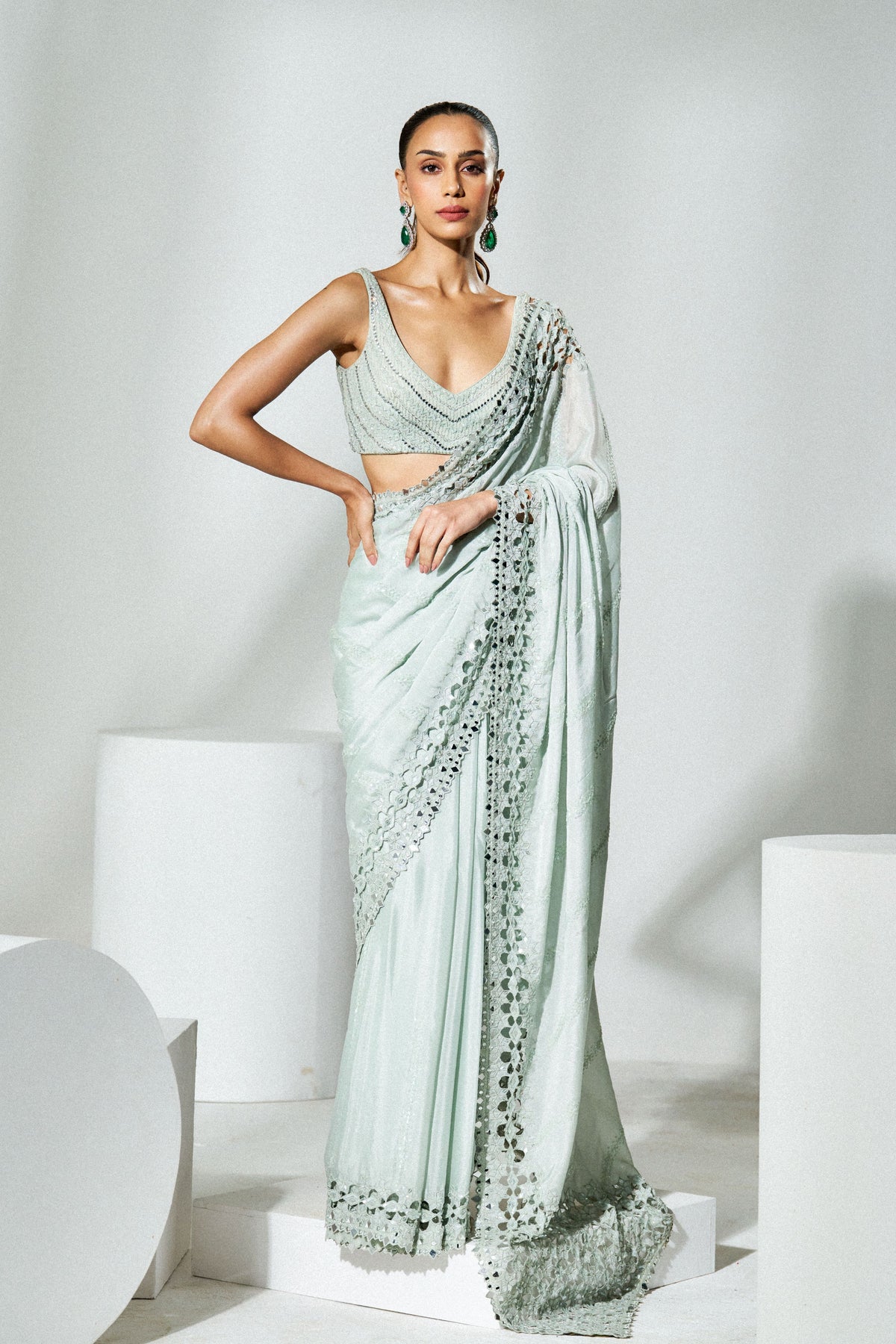 Sage Green Cutwork Saree Set