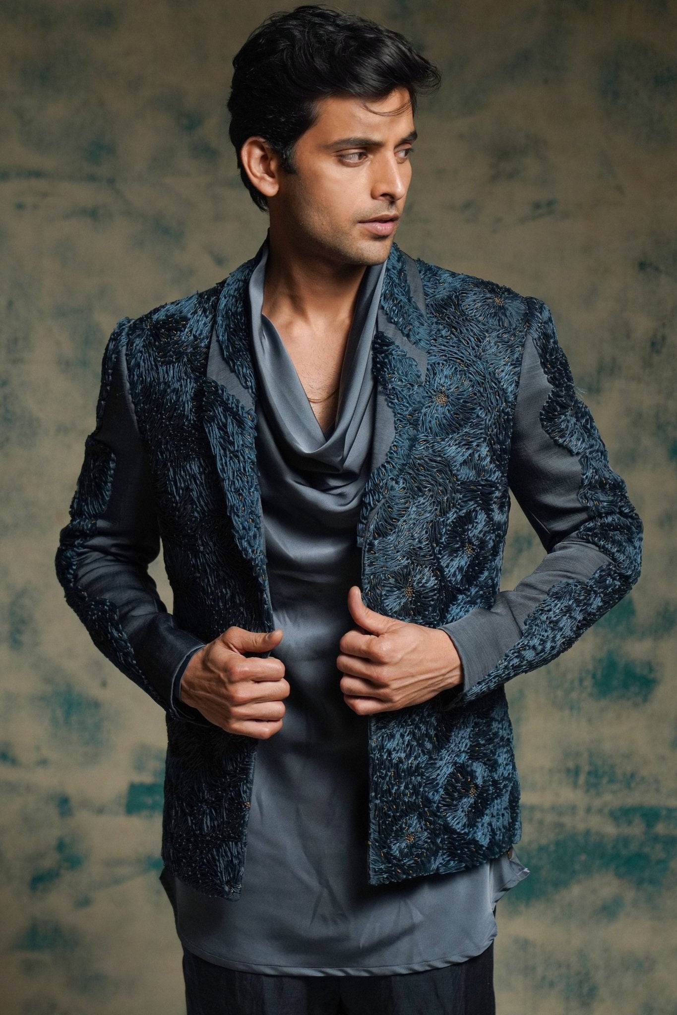 Charcoal Blue Short Jacket Set - Jatin Malik - Elahe